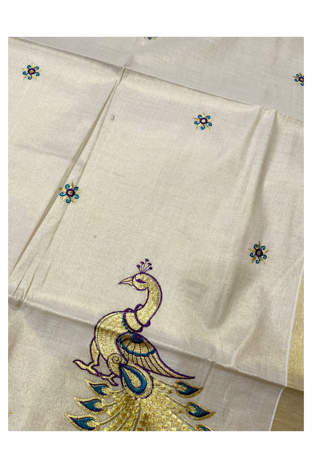 Kerala Tissue Turquoise and Golden Peacock Embroidery Work Kasavu Saree (Vishu 2024 Collection)