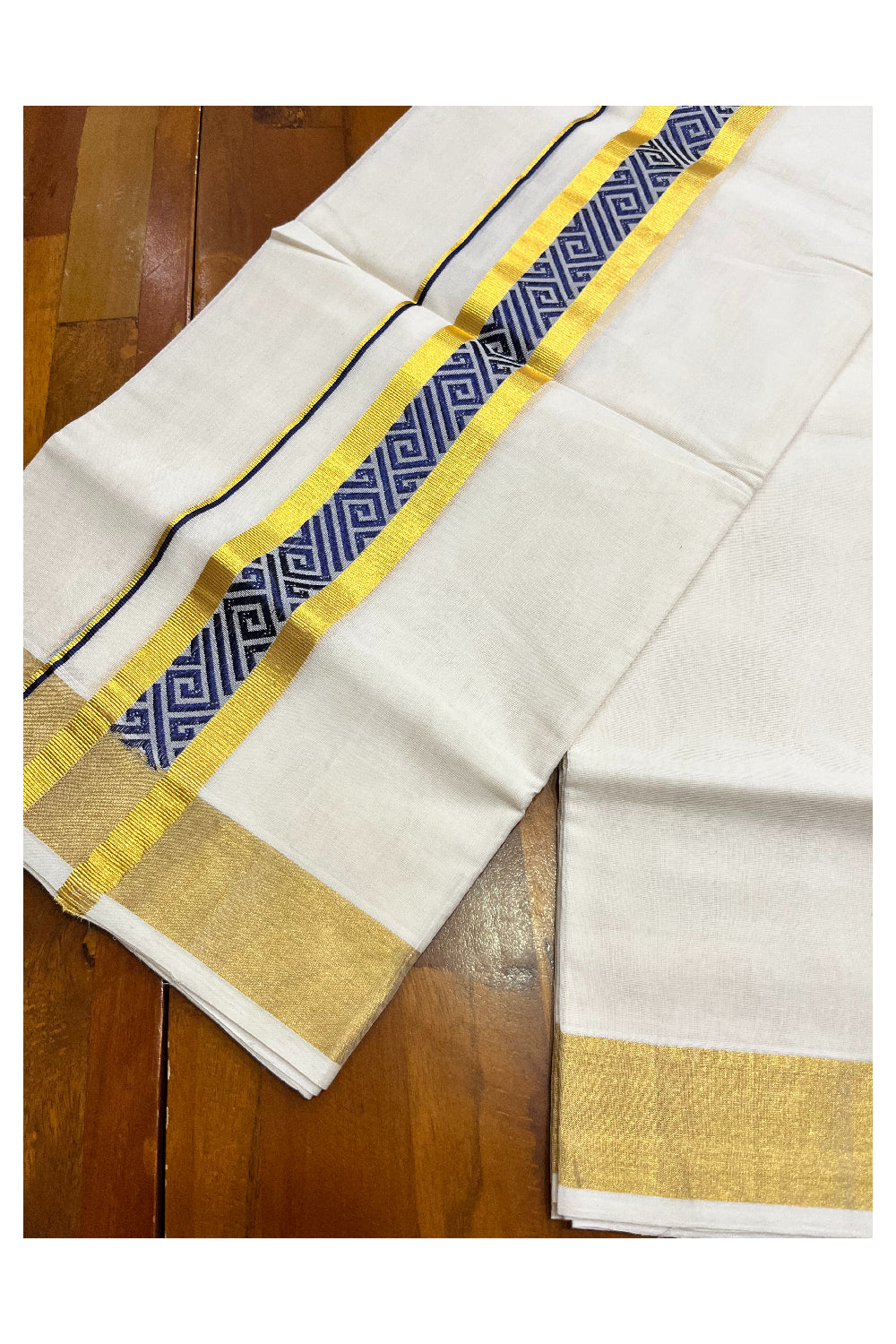 Southloom Premium Handloom Pure Cotton Mundu with Golden and Blue Kasavu Woven Border (Vishu 2024 Collection)