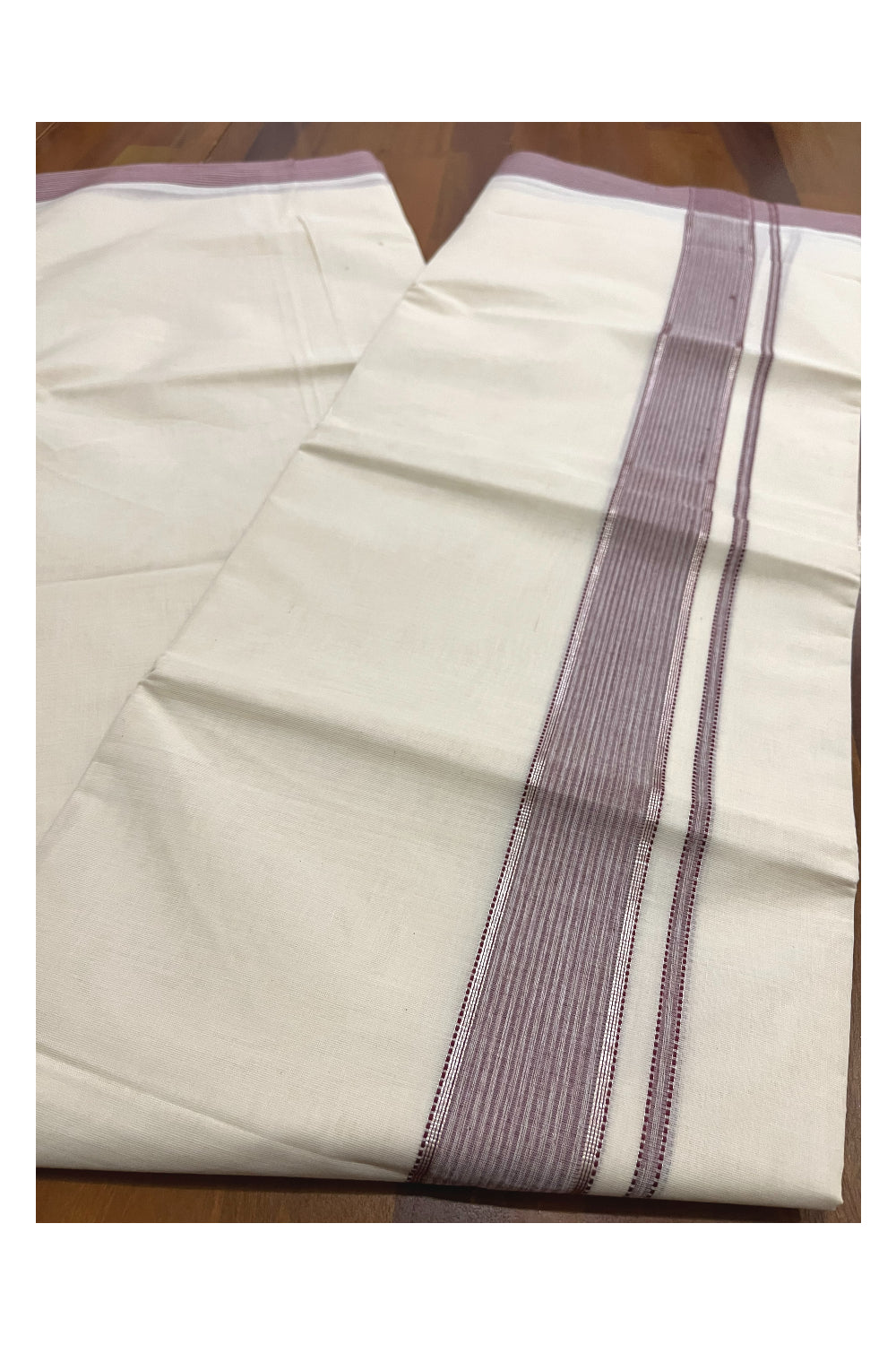 Pure Cotton 100x100 Double Mundu with Maroon and Silver Kasavu Kara (Onam Mundu 2023)