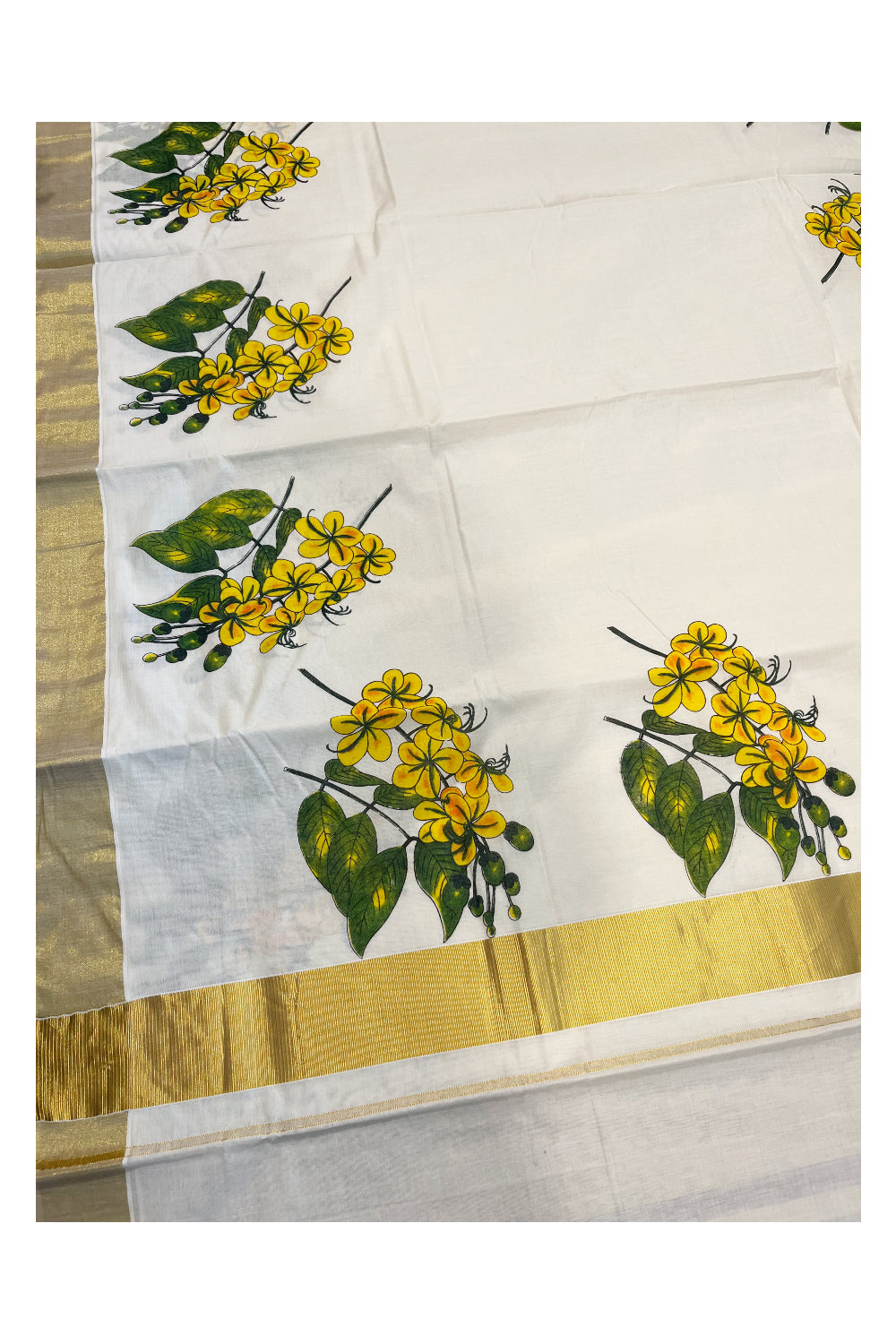 Kerala Pure Cotton Kasavu Saree with Kanikonna Floral Prints on Body