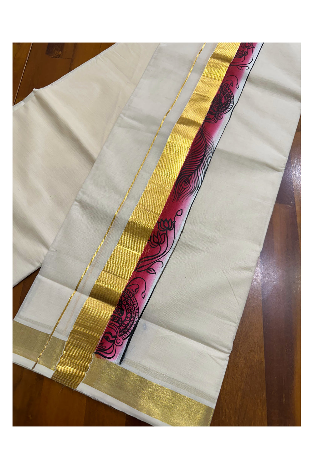 Kerala Pure Cotton Double Mundu with Hand Painted Designs on Kasavu Border(South Indian Kerala Dhoti)