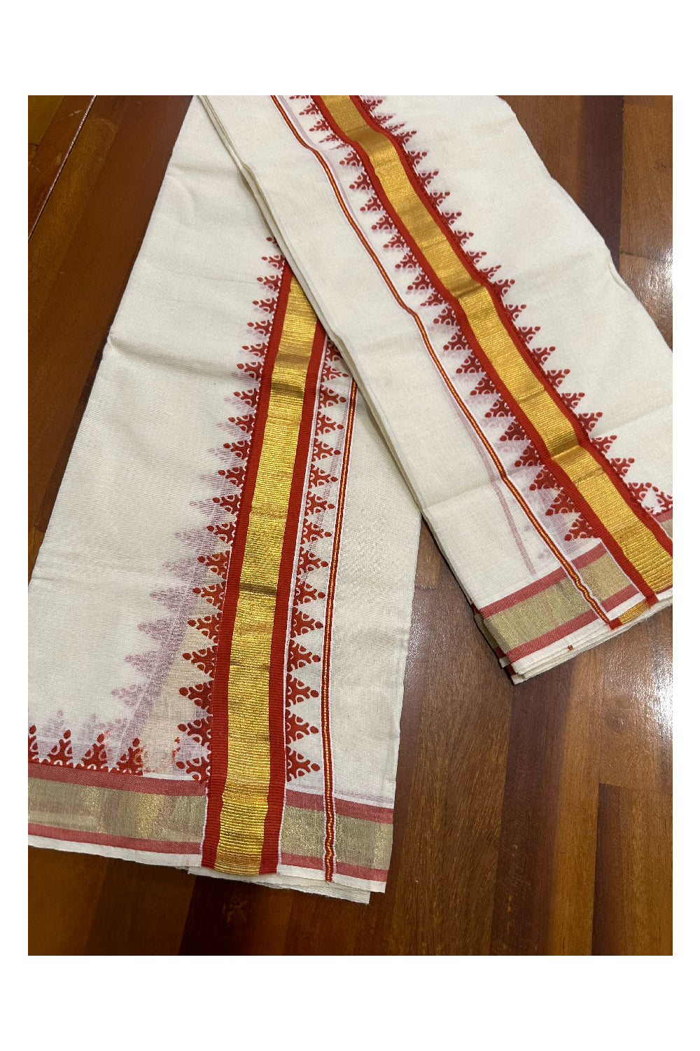 Kerala Cotton Kasavu Single Set Mundu (Mundum Neriyathum) with Orange Block Prints on Border 2.80 Mtrs (Onam set Mundu 2023)