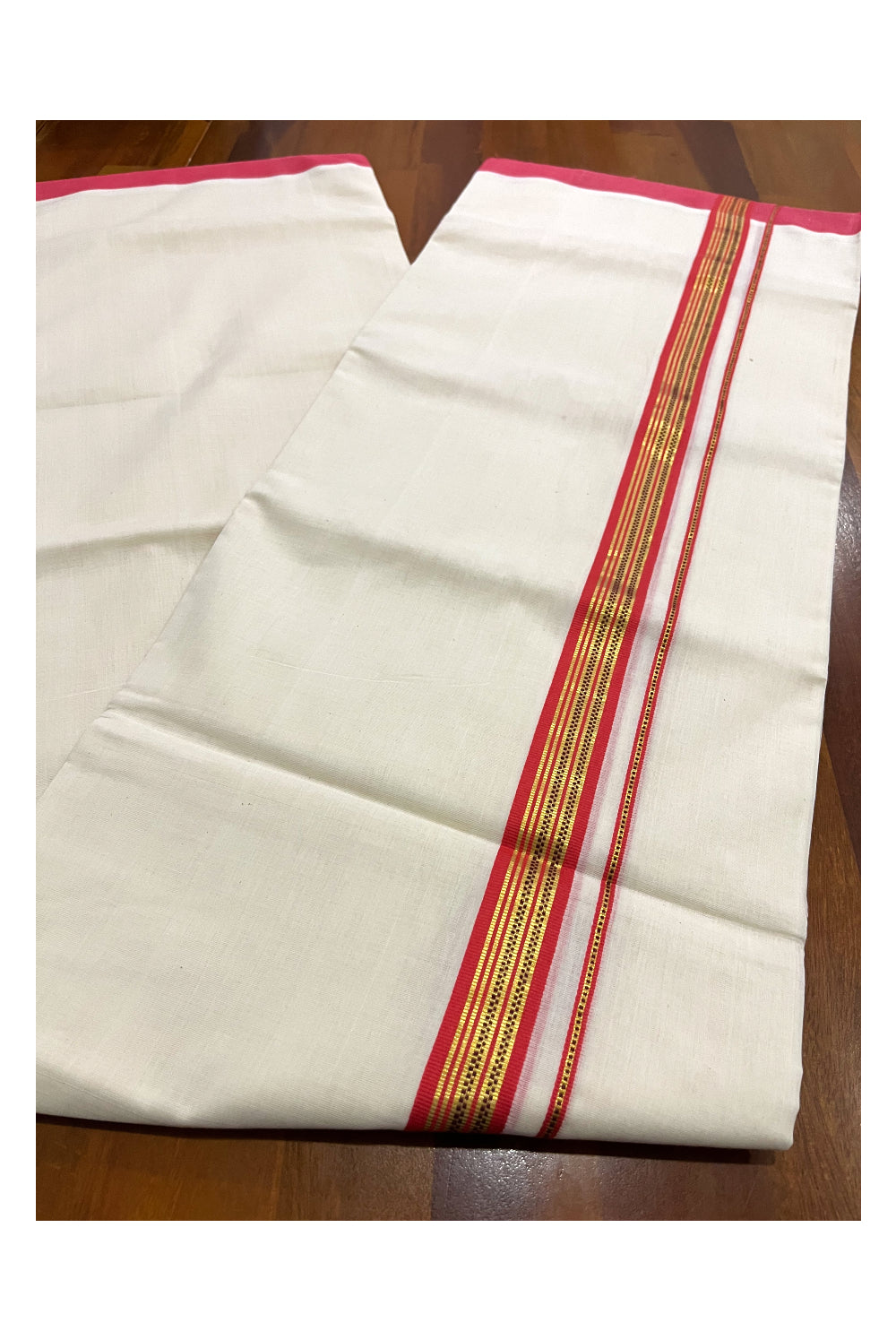 Premium Balaramapuram Unakkupaavu Handloom 10 Muzham Mundu with Kasavu and Red Border (South Indian Kerala Dhoti)