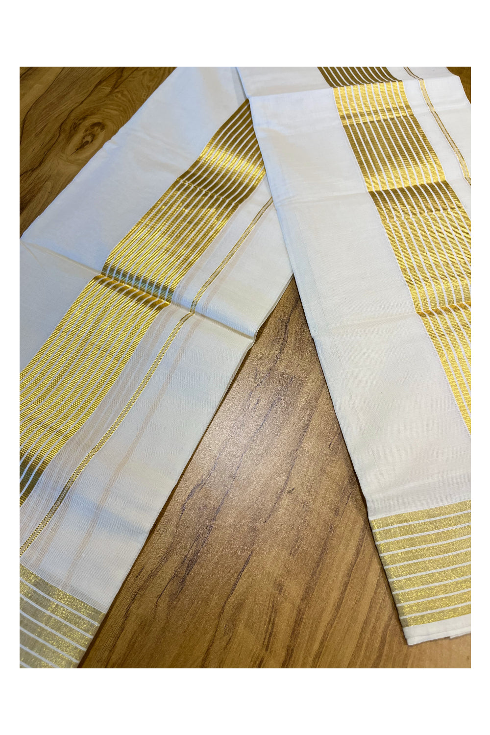 Kerala Cotton Set Mundu (Mundum Neriyathum) with Golden Lines on Border