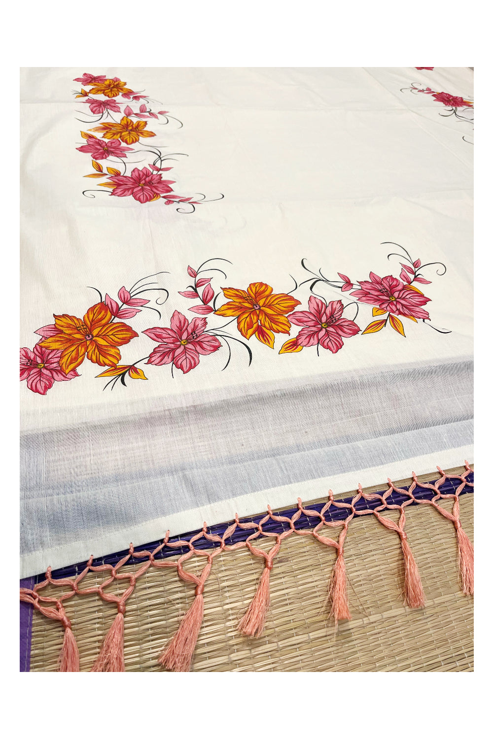 Kerala Pure Cotton Saree with Pink and Orange Floral Block Prints On Border