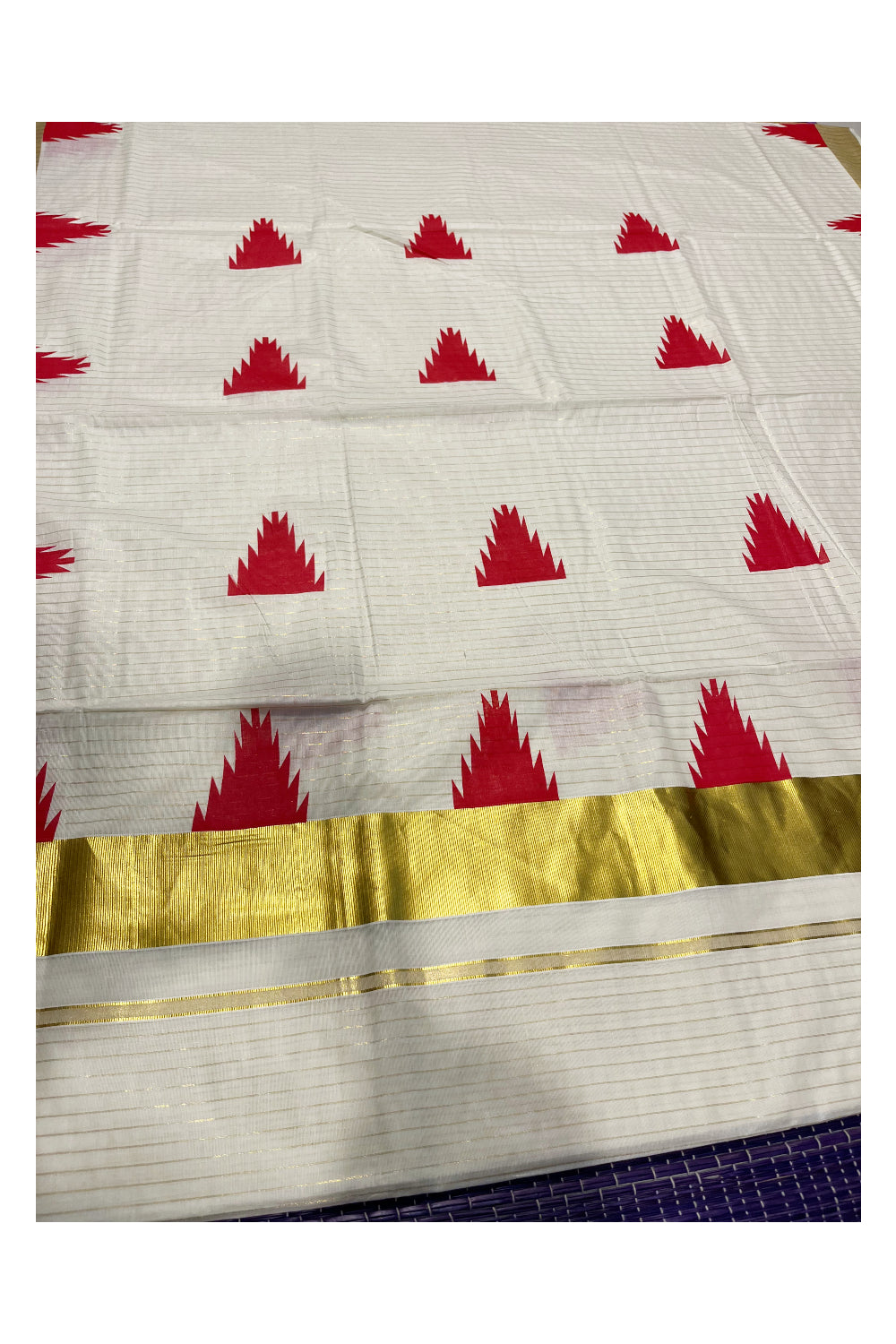 Kerala Cotton Kasavu Lines Saree With Red Temple Prints on Border