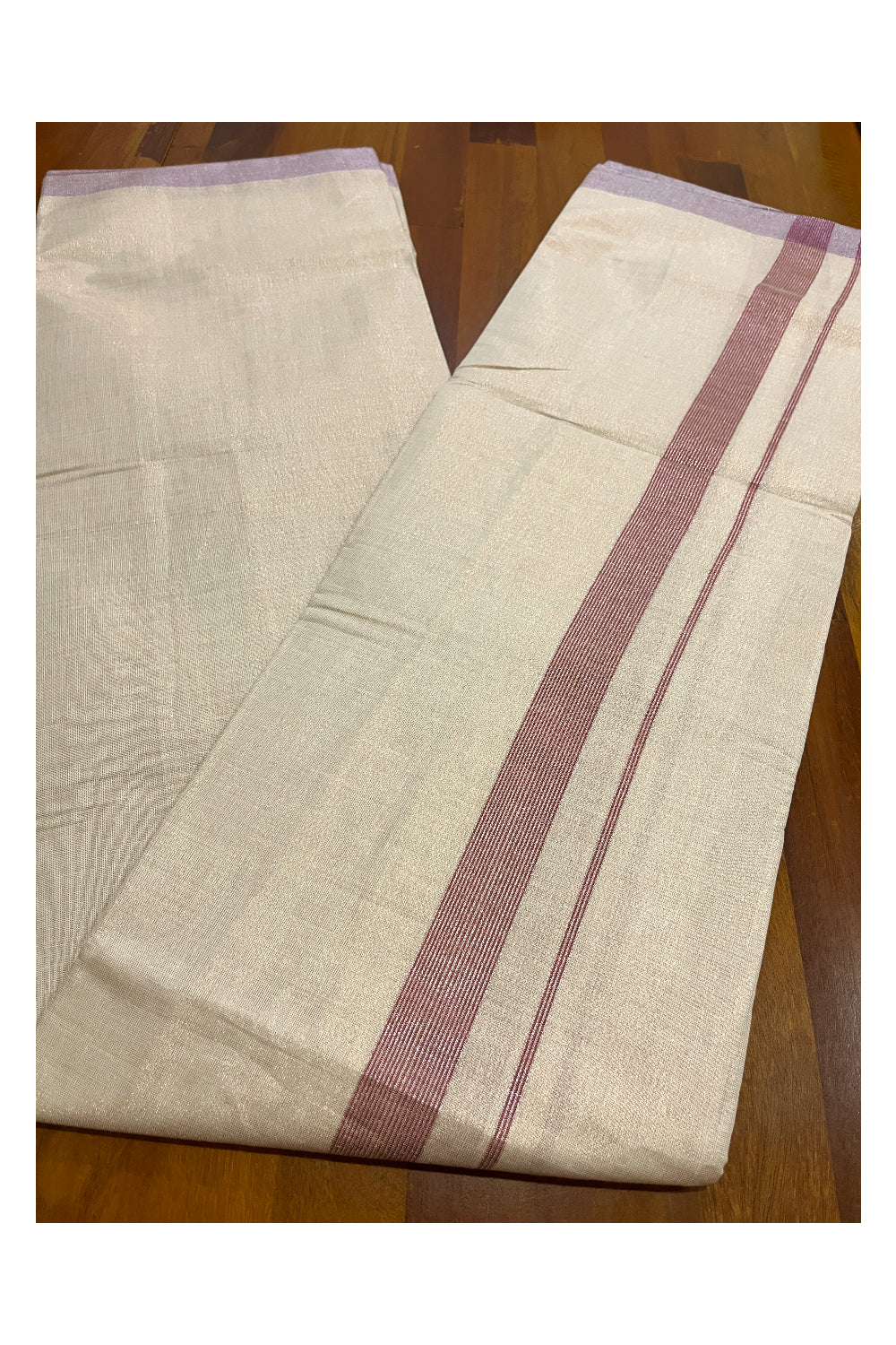 Kerala Rose Copper Tissue Double Mundu with Red Lines Border (South Indian Kerala Dhoti)