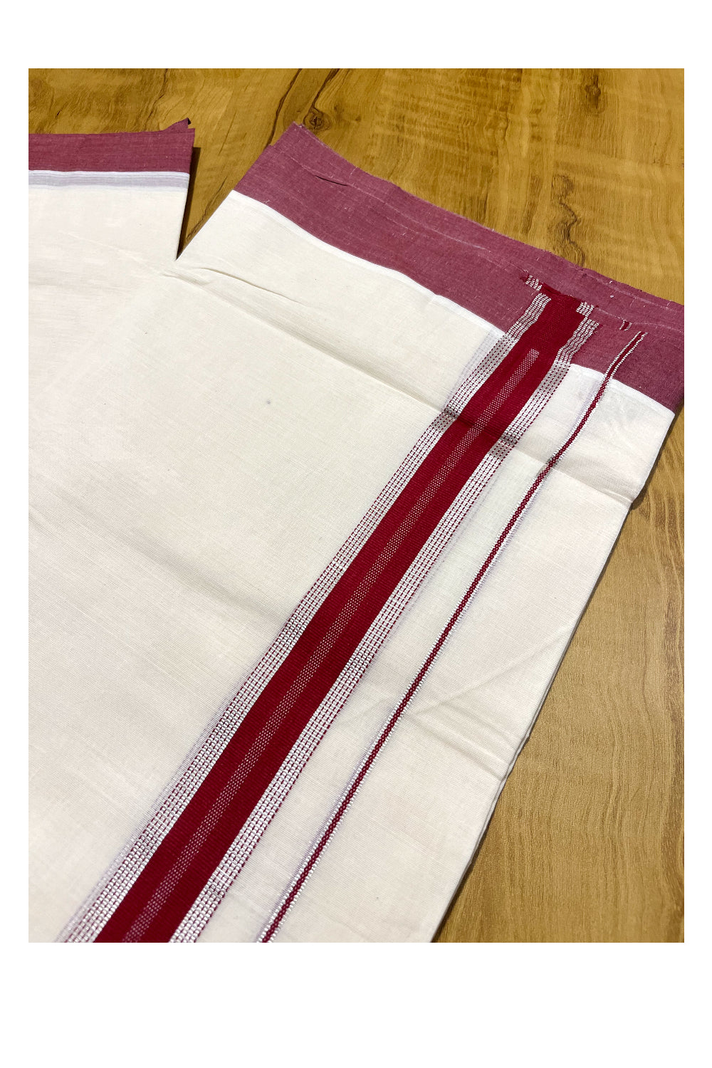 Pure Cotton Off White Double Mundu with Silver Kasavu and Red Border (South Indian Kerala Dhoti)