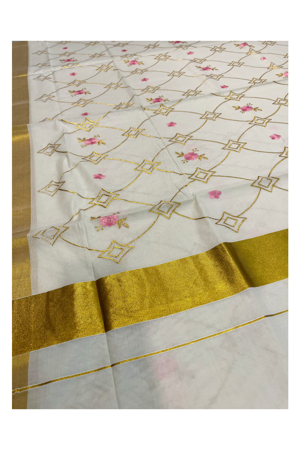 Southloom Kerala Cotton Kasavu Saree with Pink and Golden Floral Embroidery Designs