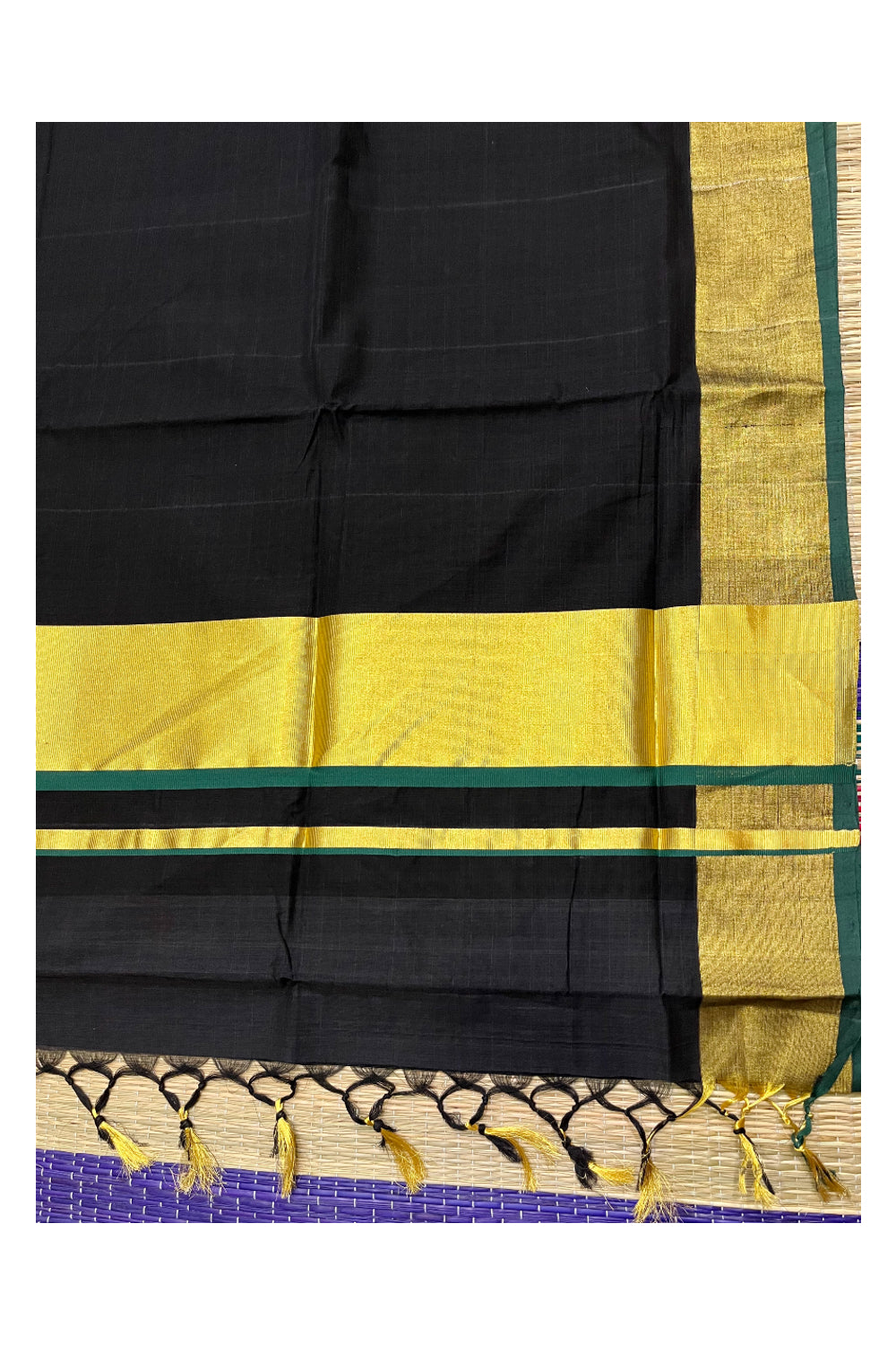 Southloom Premium Handloom Black Saree with Green And Kasavu Border