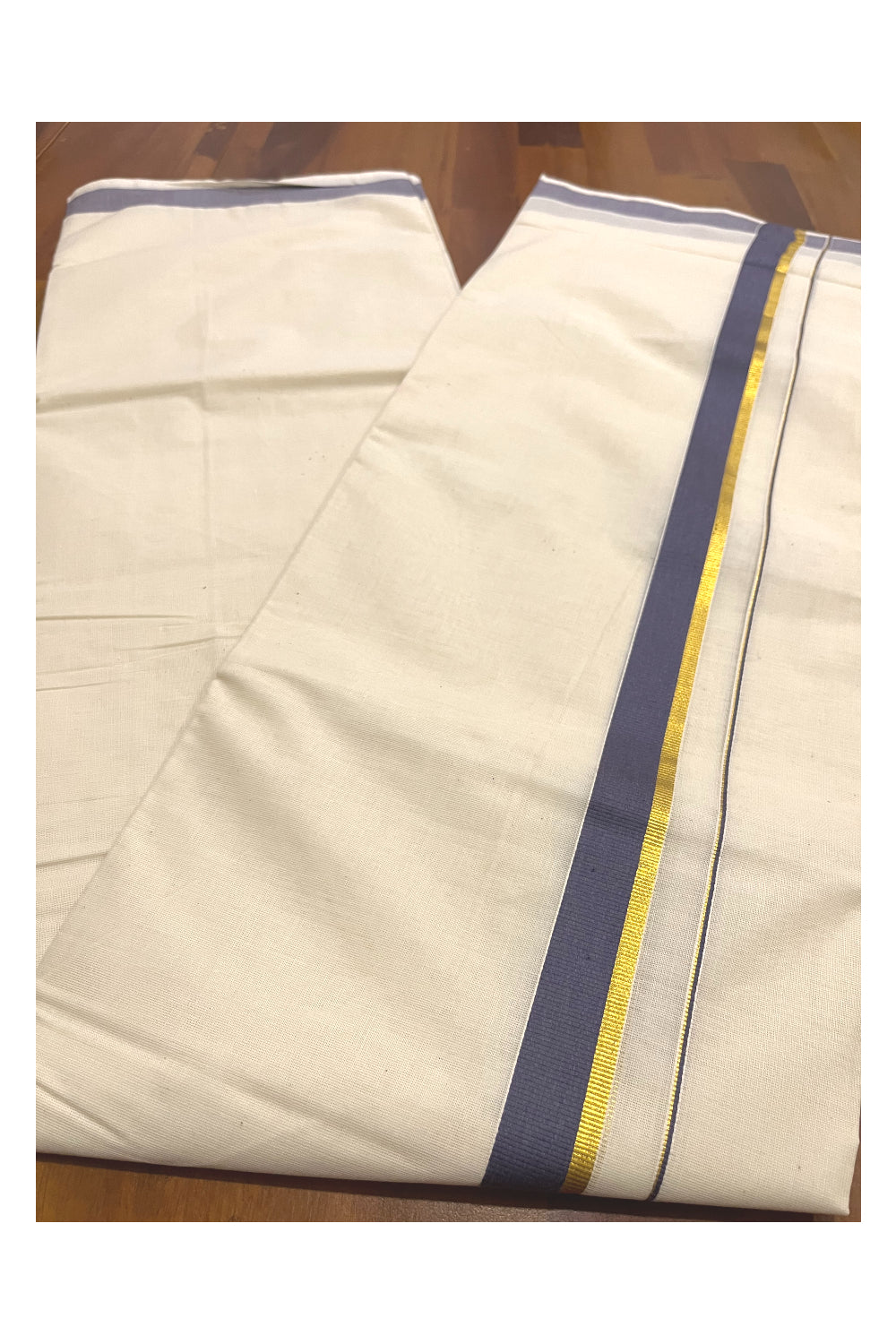 Pure Cotton Kerala Double Mundu with Grey and Kasavu Kara (South Indian Kerala Dhoti)