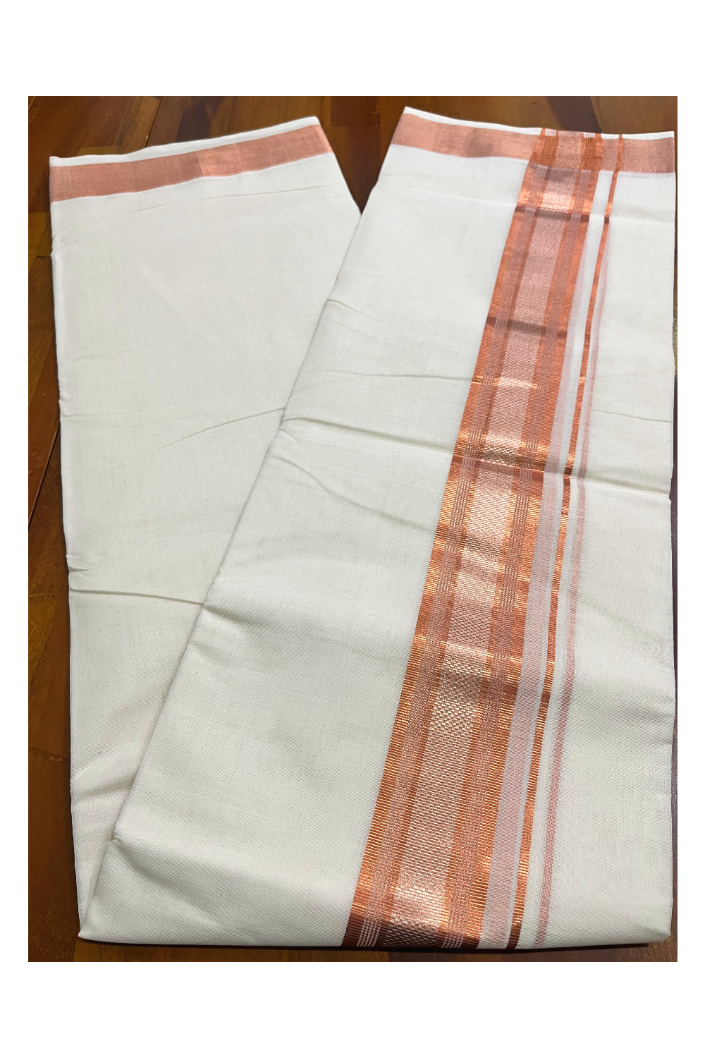 Premium Balaramapuram Handloom Pure Cotton Double Mundu with Copper Kasavu Border (Vishu 2024 Collection)