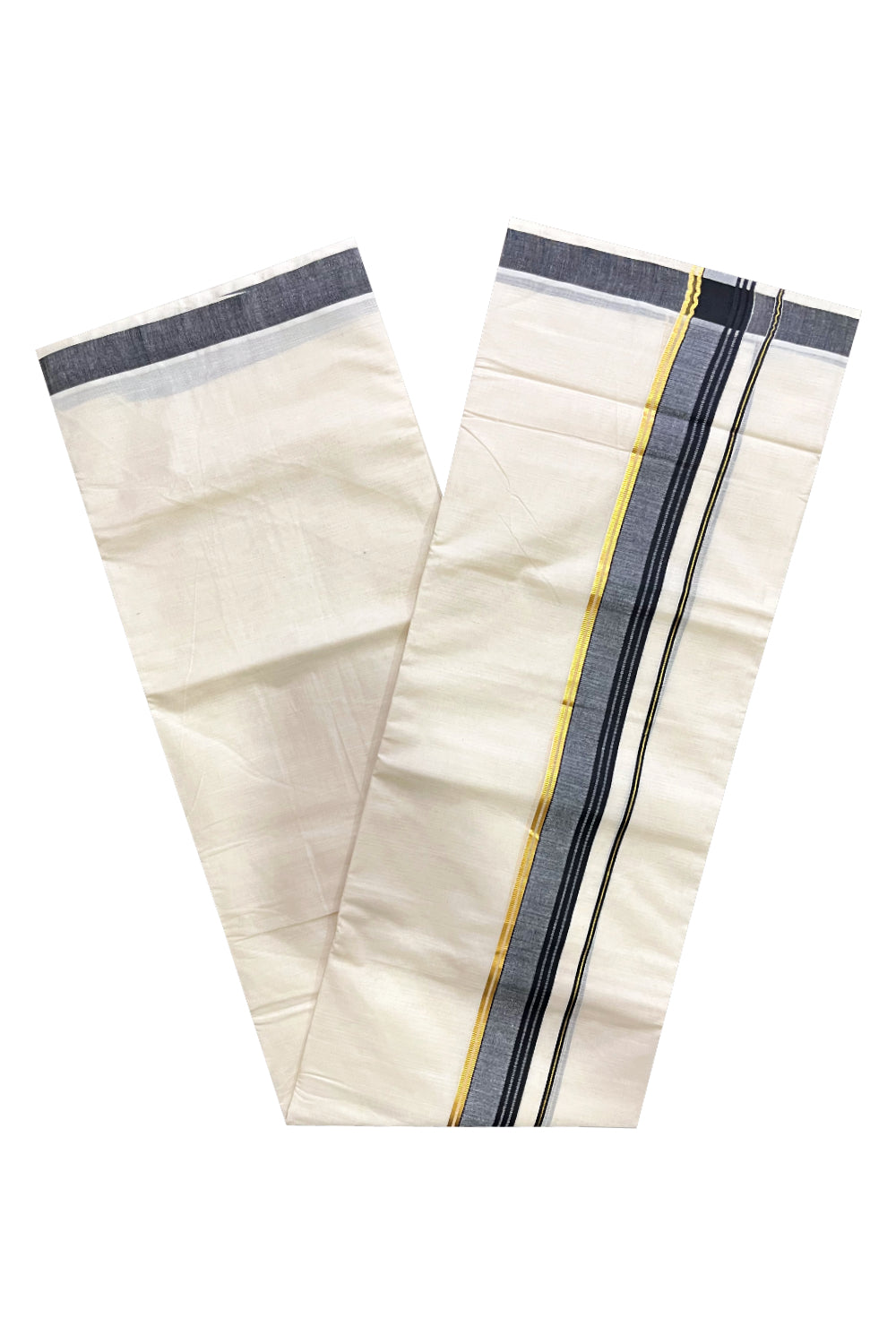 Off White Kerala Cotton Double Mundu with Kasavu and Black Border (South Indian Kerala Dhoti)