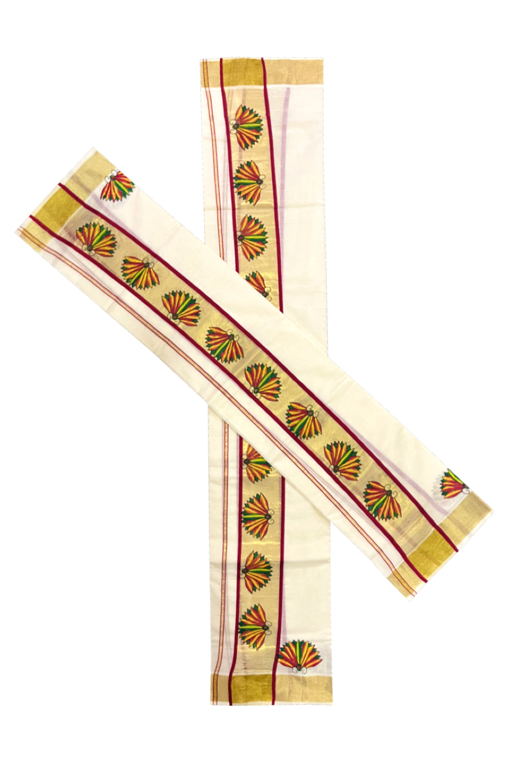 Kerala Cotton Single Set Mundu (Mundum Neriyathum) with Block Prints on Kasavu Maroon Border