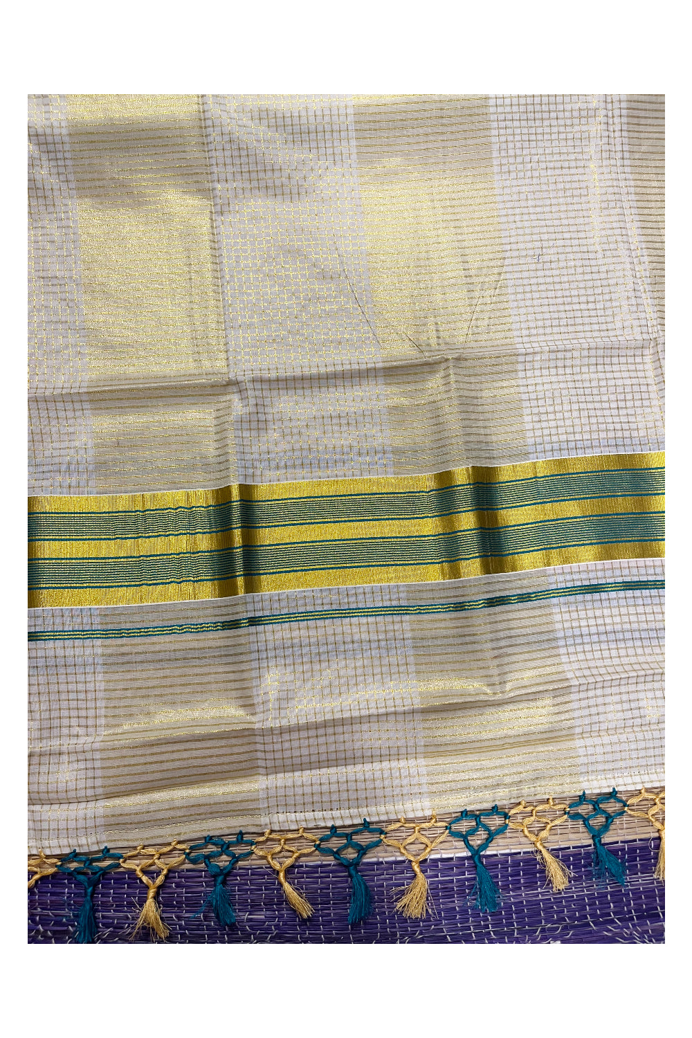 Pure Cotton Kerala Kasavu Check Saree with Peacock Green Border