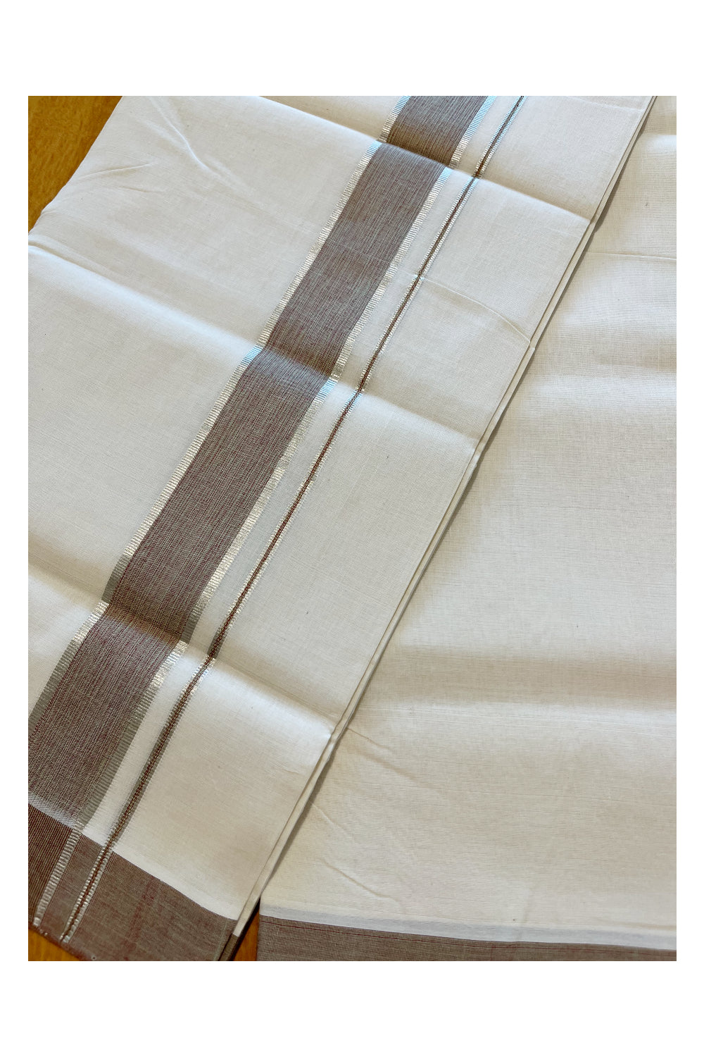 Southloom Premium Handloom Cotton Double Mundu with Brown and Silver Kasavu Border