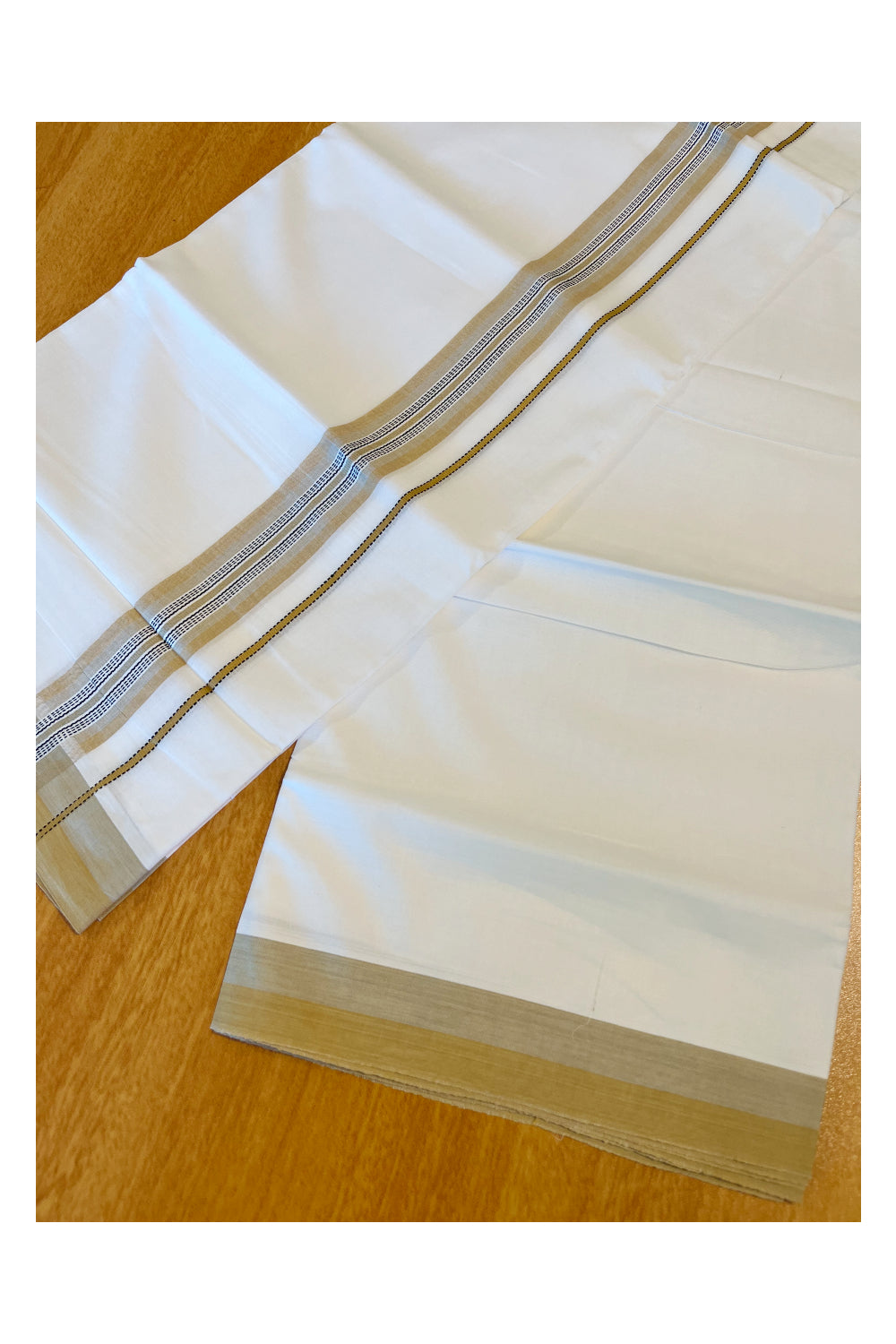 Pure White Cotton Double Mundu with Black And Sandal Border (South Indian Dhoti)