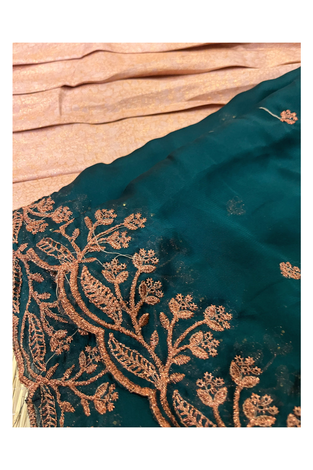 Semi Stitched Premium Semi SIlk Copper Dhavani Set with Green Neriyathu and Blouse Piece