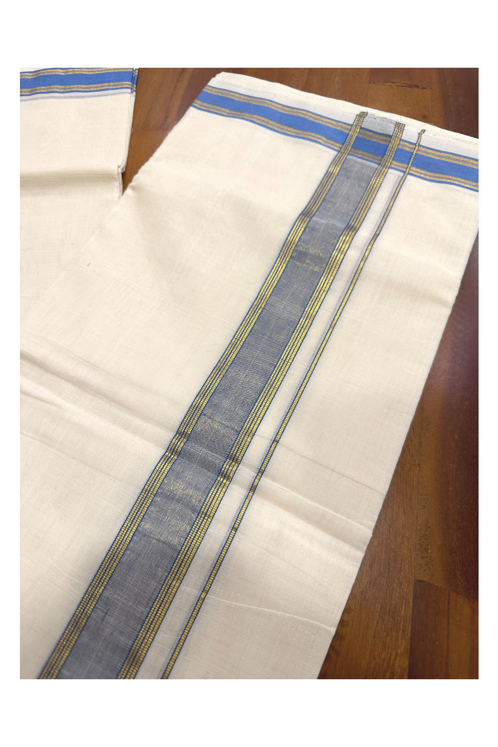 Southloom Premium Handloom Mundu with Blue and Kasavu Kara (Onam Mundu 2023)