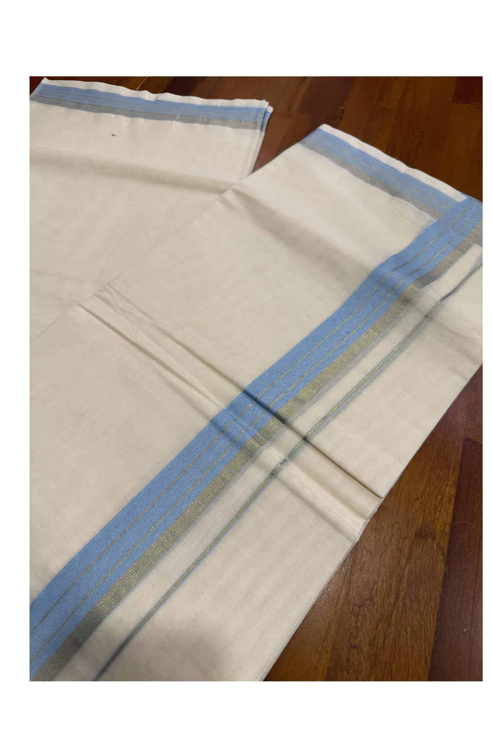 Southloom Premium Handloom Mundu with Light Blue and Kasavu Kara (Onam Mundu 2023)