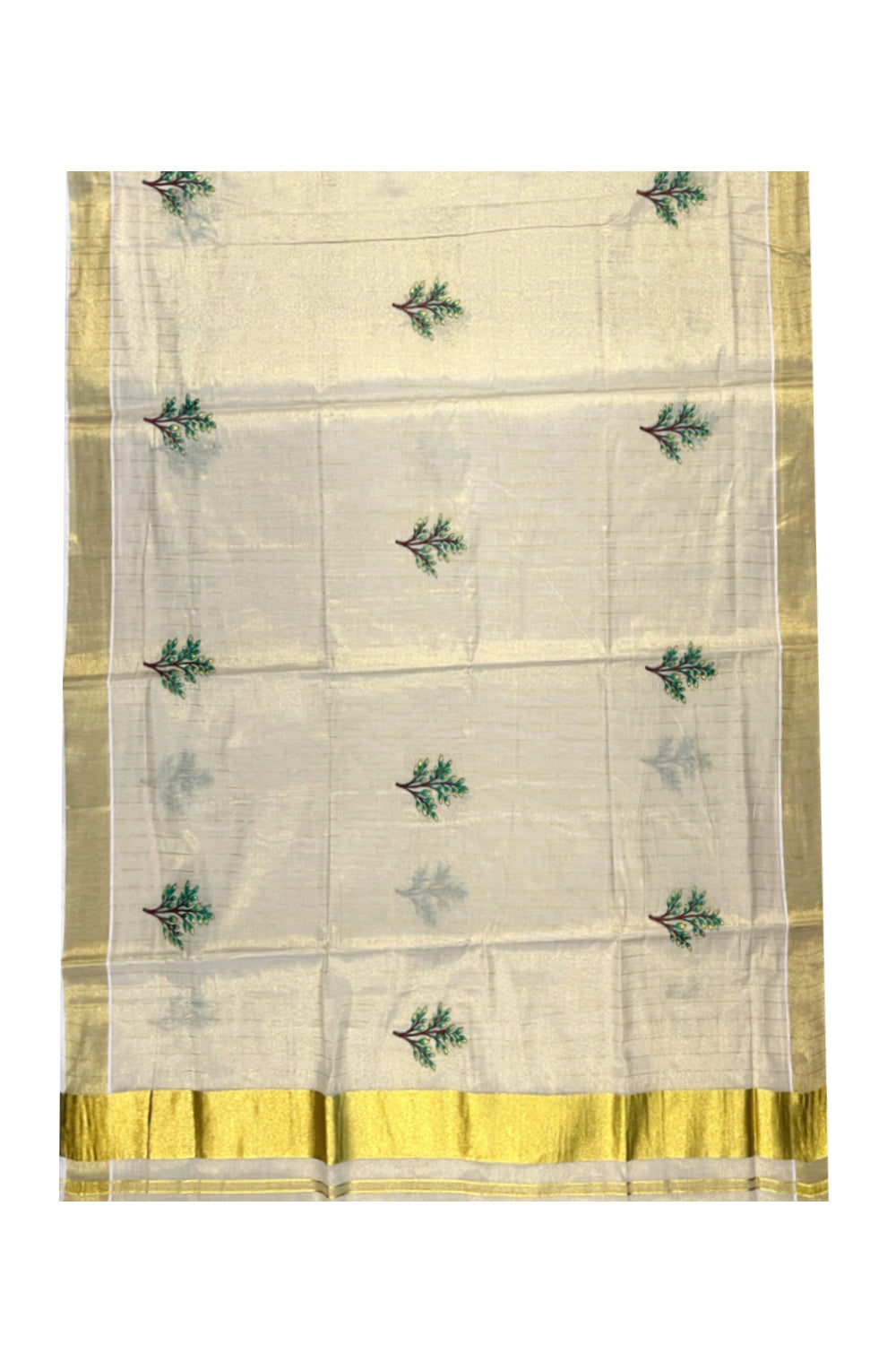 Kerala Tissue Kasavu Lines Saree with Green and Brown Floral Embroidery Works