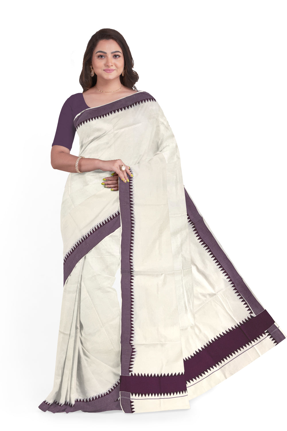 Kerala Pure Cotton Saree with Purple Temple Block Prints on Border