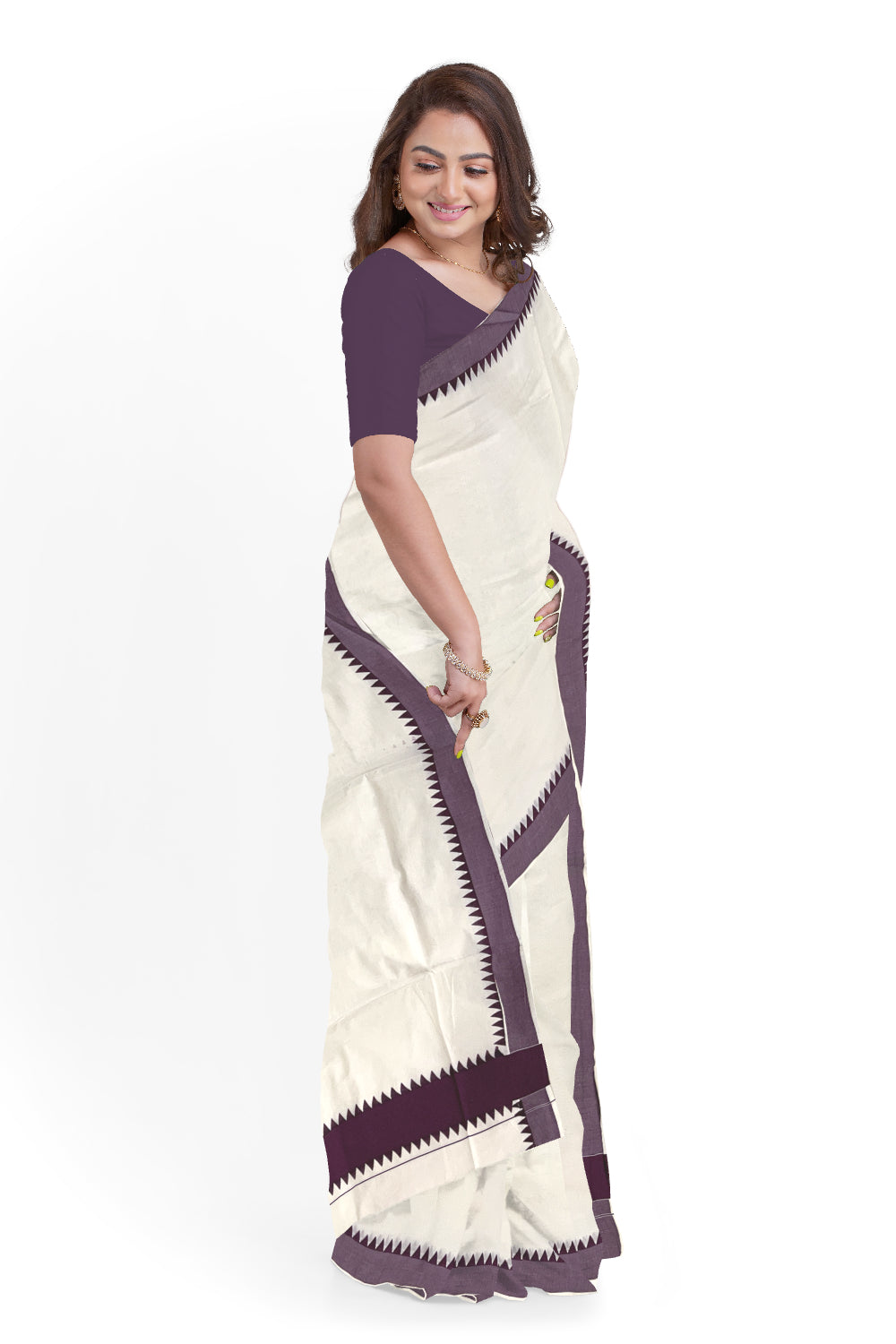 Kerala Pure Cotton Saree with Purple Temple Block Prints on Border