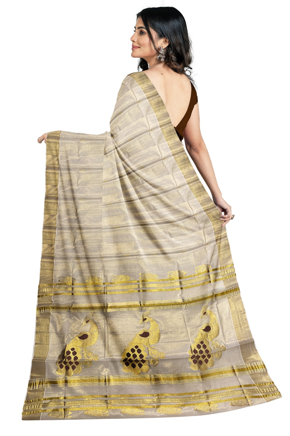 Kerala Tissue Kasavu Saree with Golden and Brown Heavy Woven Works (Vishu Saree 2023)