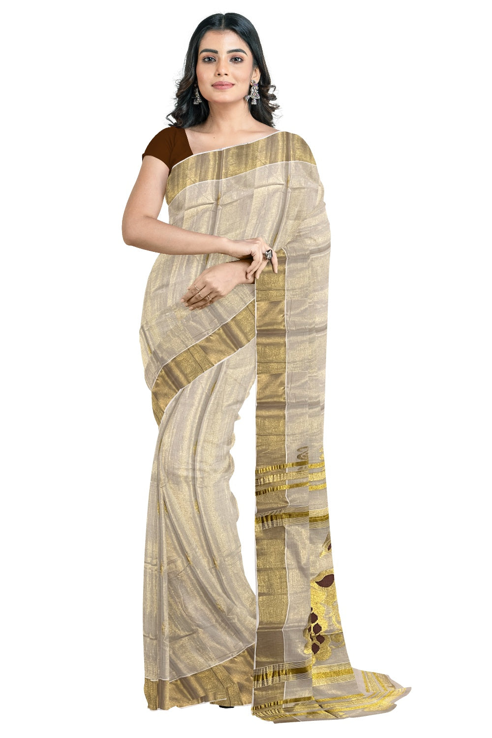 Kerala Tissue Kasavu Saree with Golden and Brown Heavy Woven Works (Vishu Saree 2023)