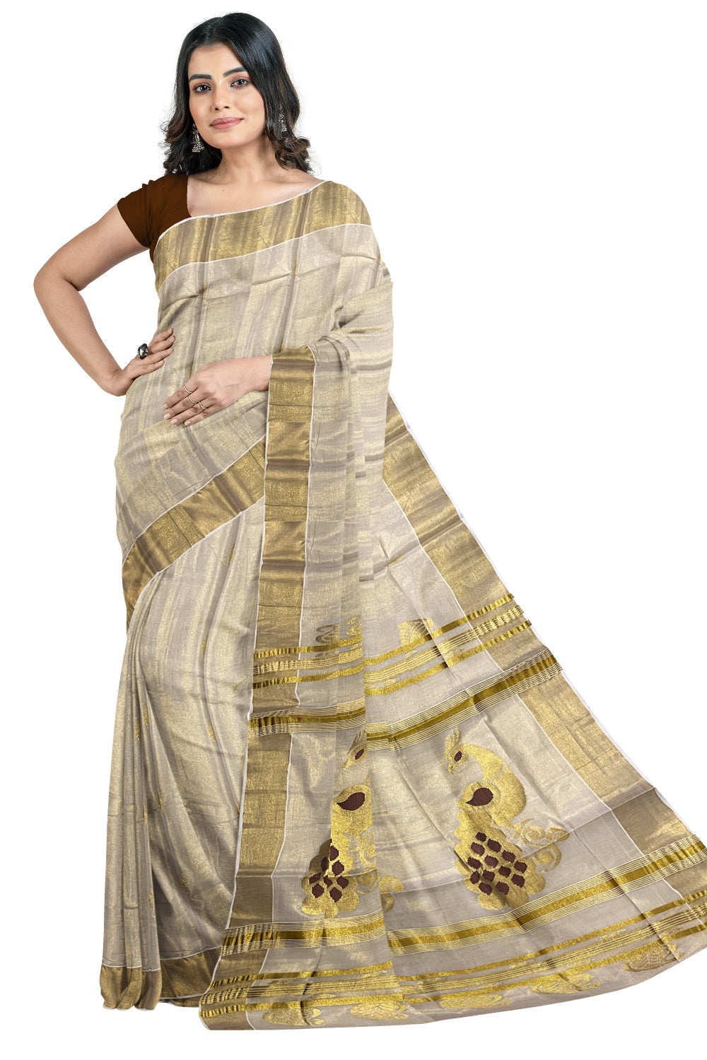 Kerala Tissue Kasavu Saree with Golden and Brown Heavy Woven Works (Vishu Saree 2023)