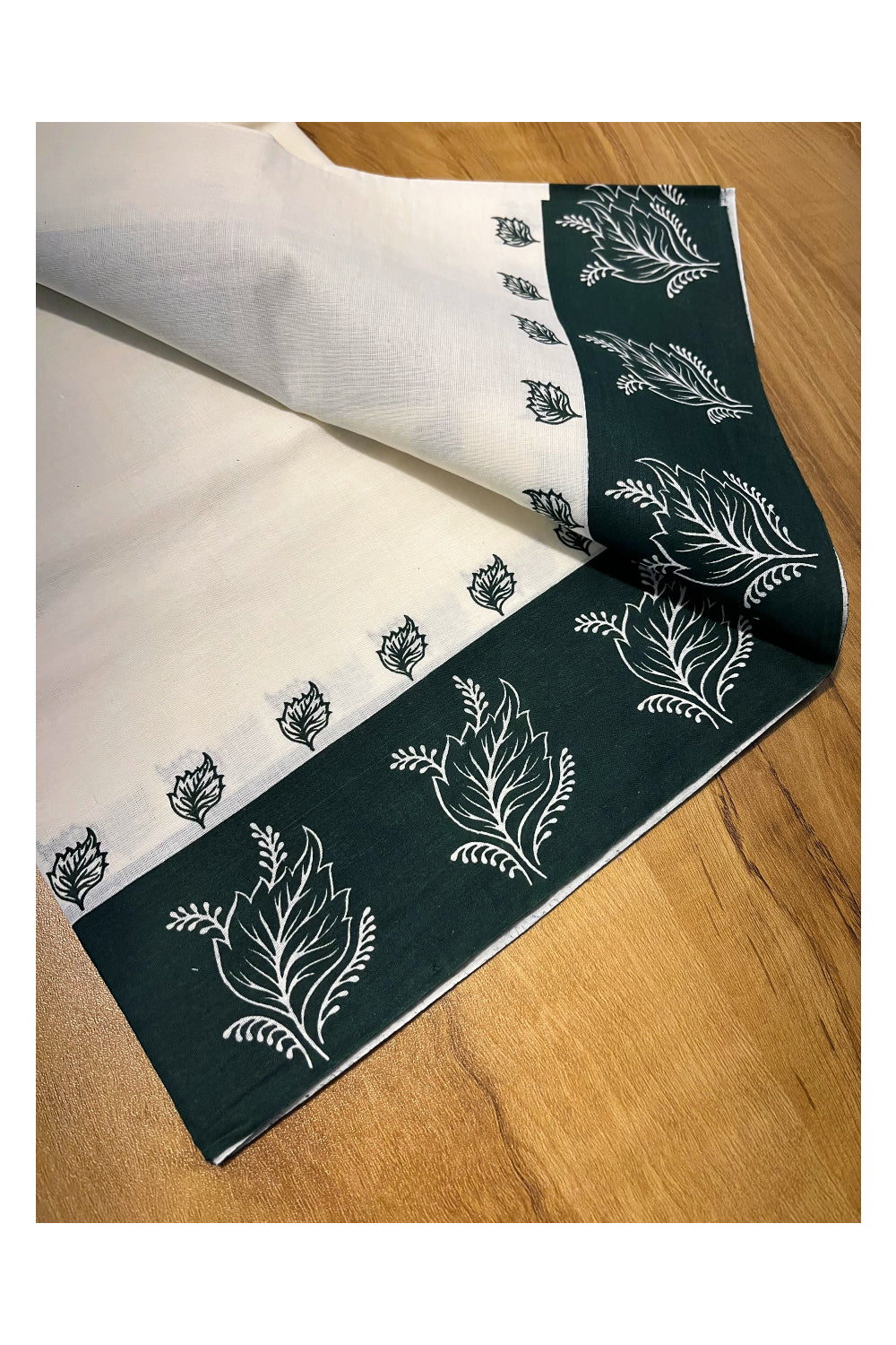 Kerala Cotton Set Mundu (Mundum Neriyathum) with Dark Green Leaf Prints and Seperate Blouse Piece