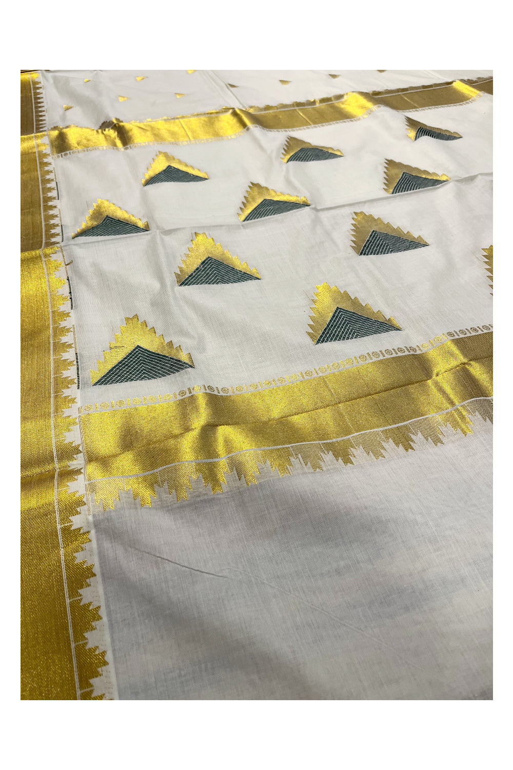 Southloom Cotton Kasavu Saree with Temple Woven Designs across Body