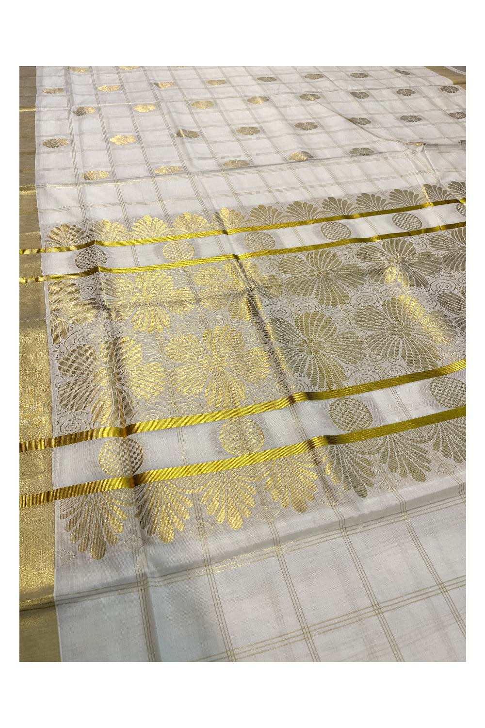 Kerala Cotton Kasavu Check Saree With Heavy Handwoven Works on Border