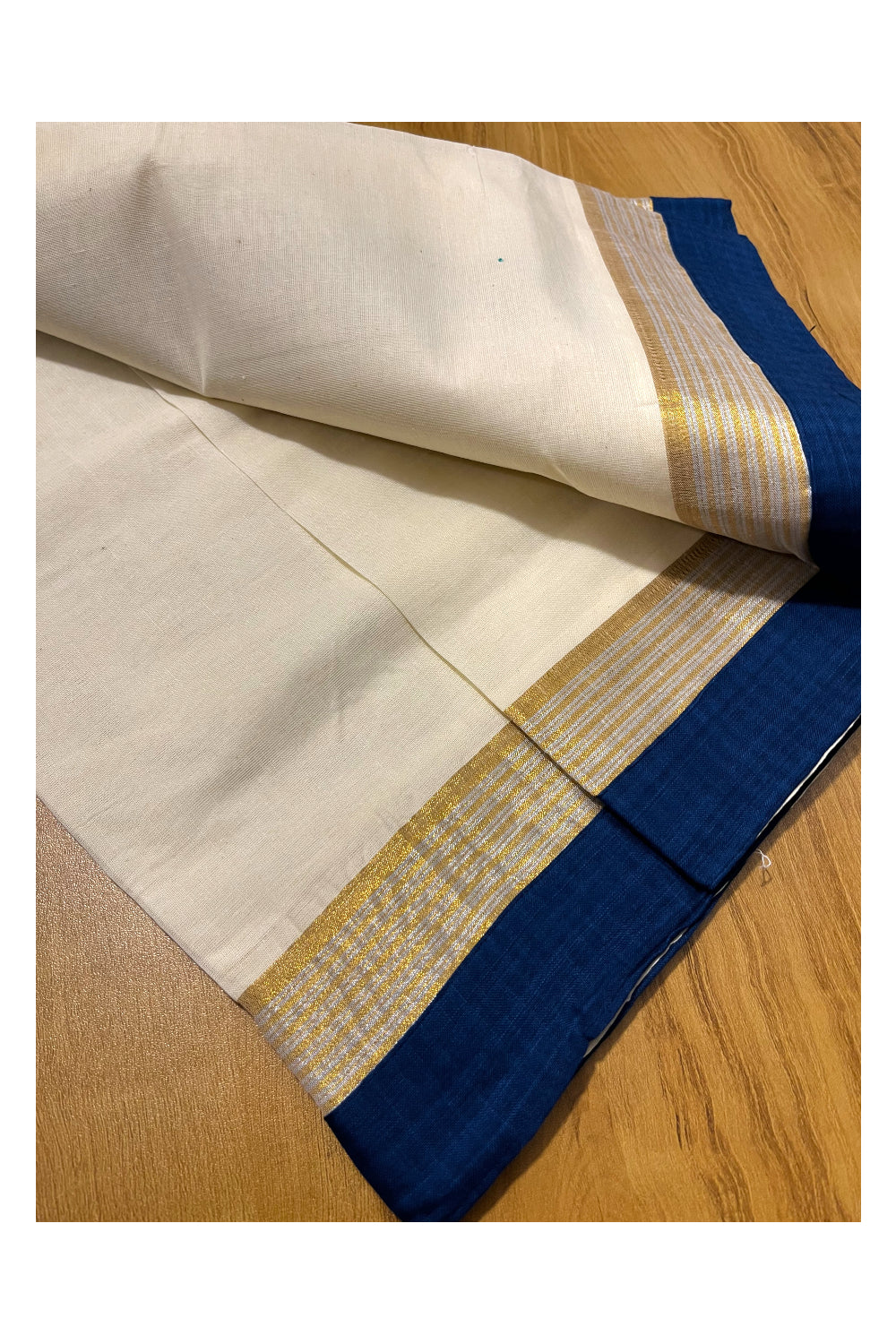 Kerala Cotton Single Set Mundu (Mundum Neriyathum) with  Kasav and Silver Lines Blue Temple Applique Work Border 2.80Mtrs