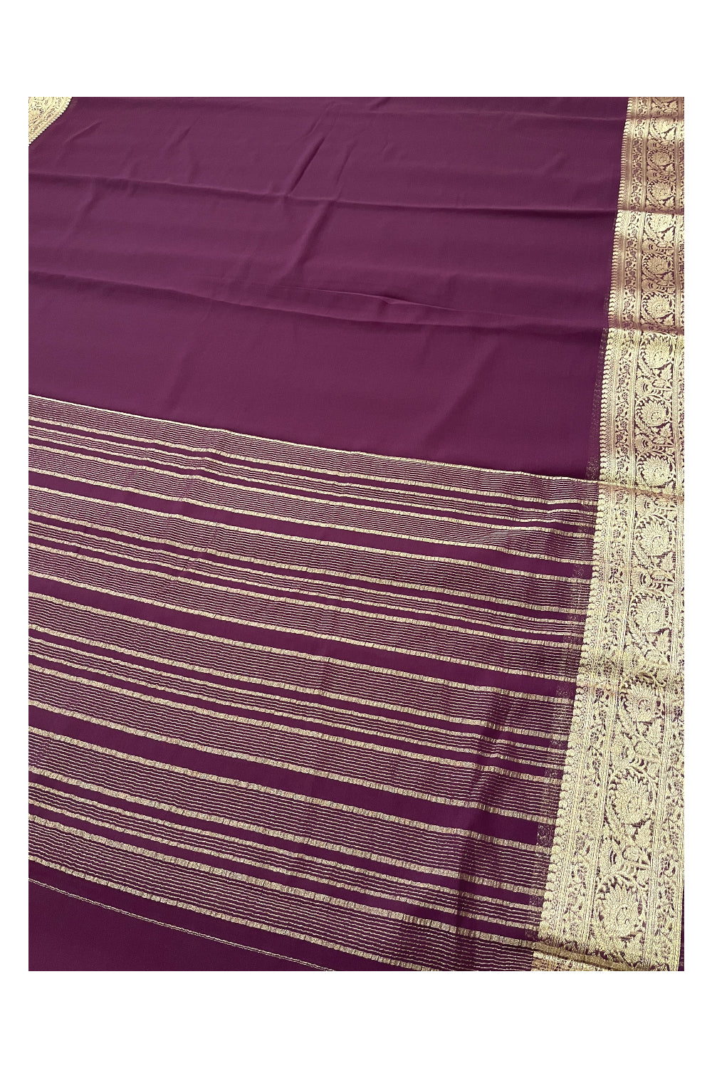 Southloom Crepe Zari Design Border Purple Saree and Grey Blouse piece