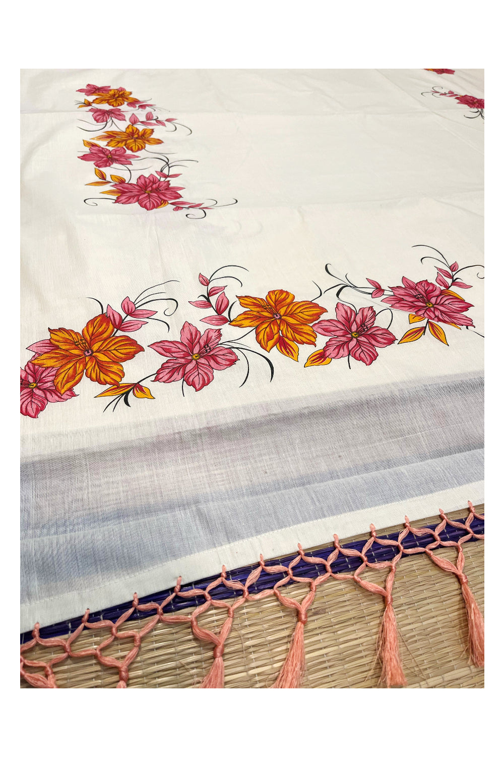 Kerala Pure Cotton Saree with Pink and Orange Floral Block Prints On Border