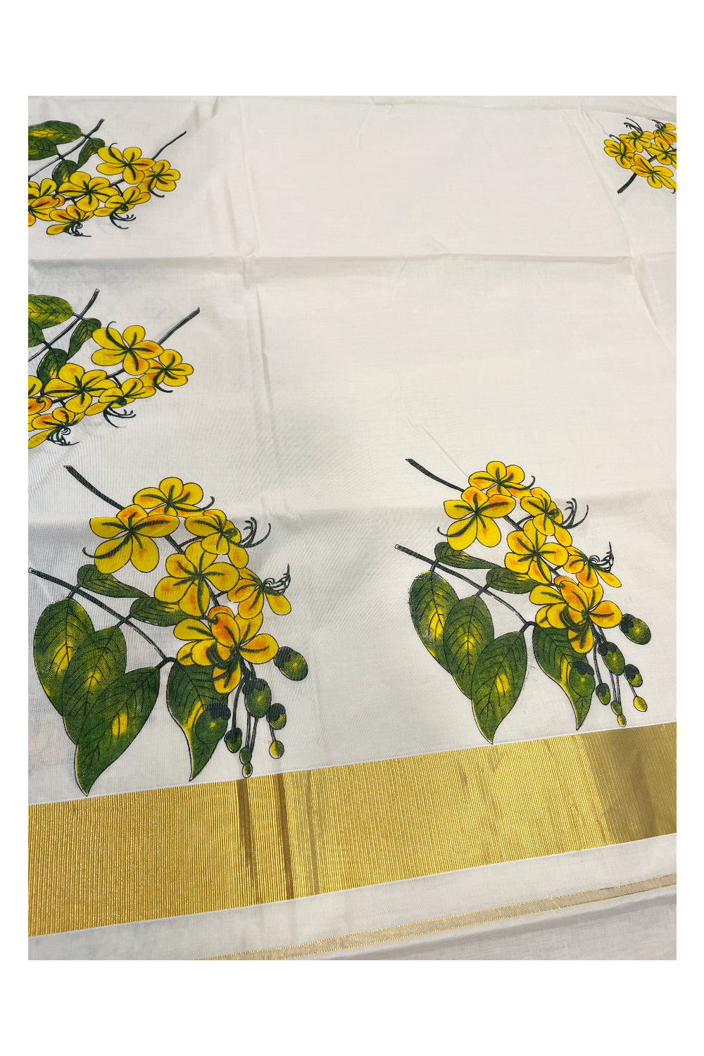 Kerala Pure Cotton Kasavu Saree with Kanikonna Floral Prints on Body