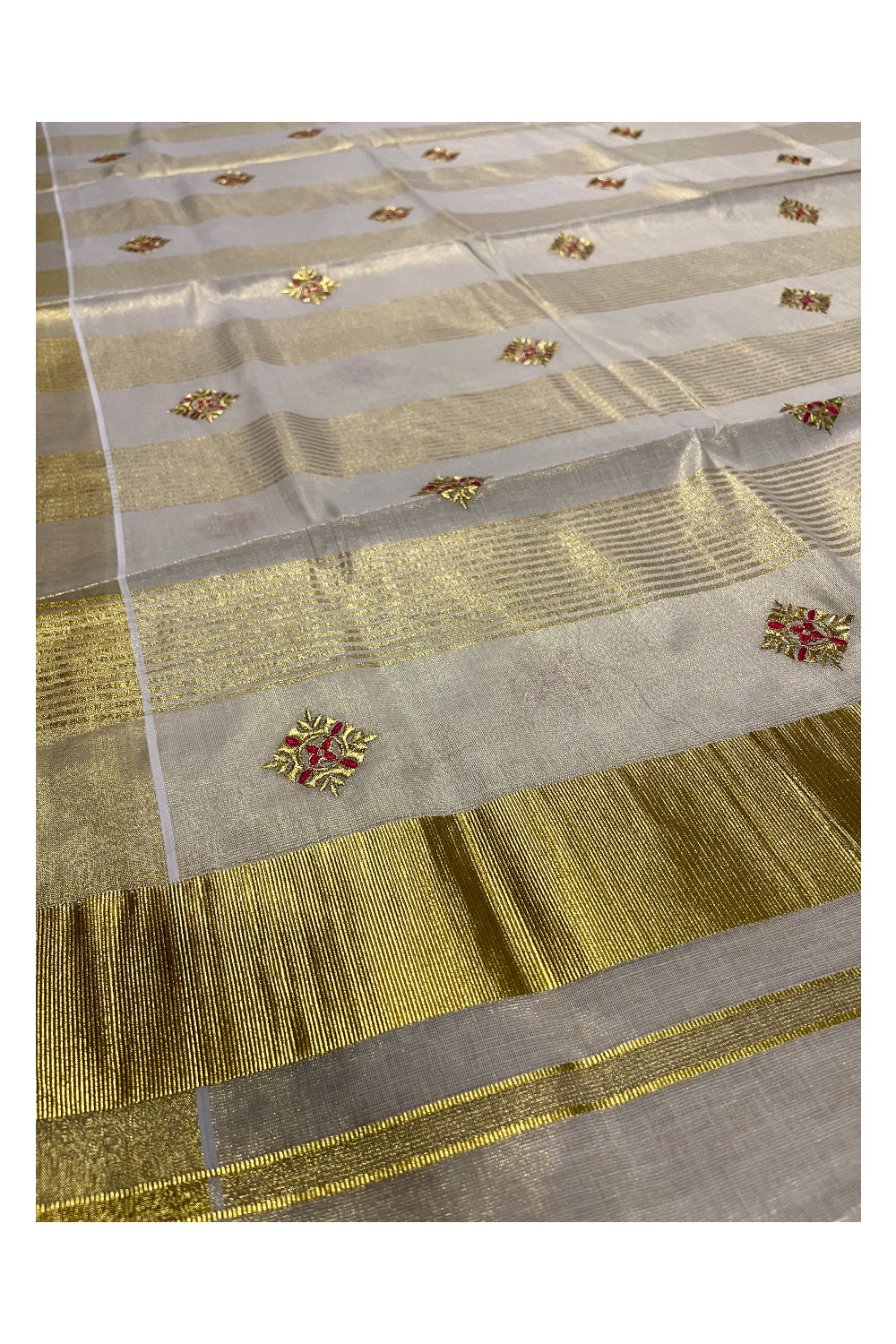 Kerala Tissue Kasavu Stripes Saree with Pink Floral Embroidery Design on Body