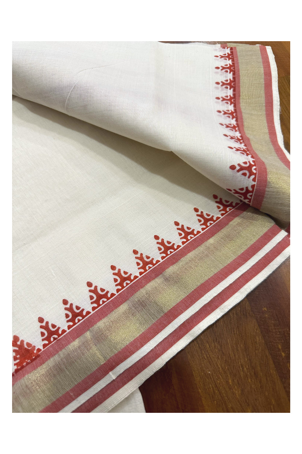 Kerala Cotton Kasavu Single Set Mundu (Mundum Neriyathum) with Orange Block Prints on Border 2.80 Mtrs (Onam set Mundu 2023)