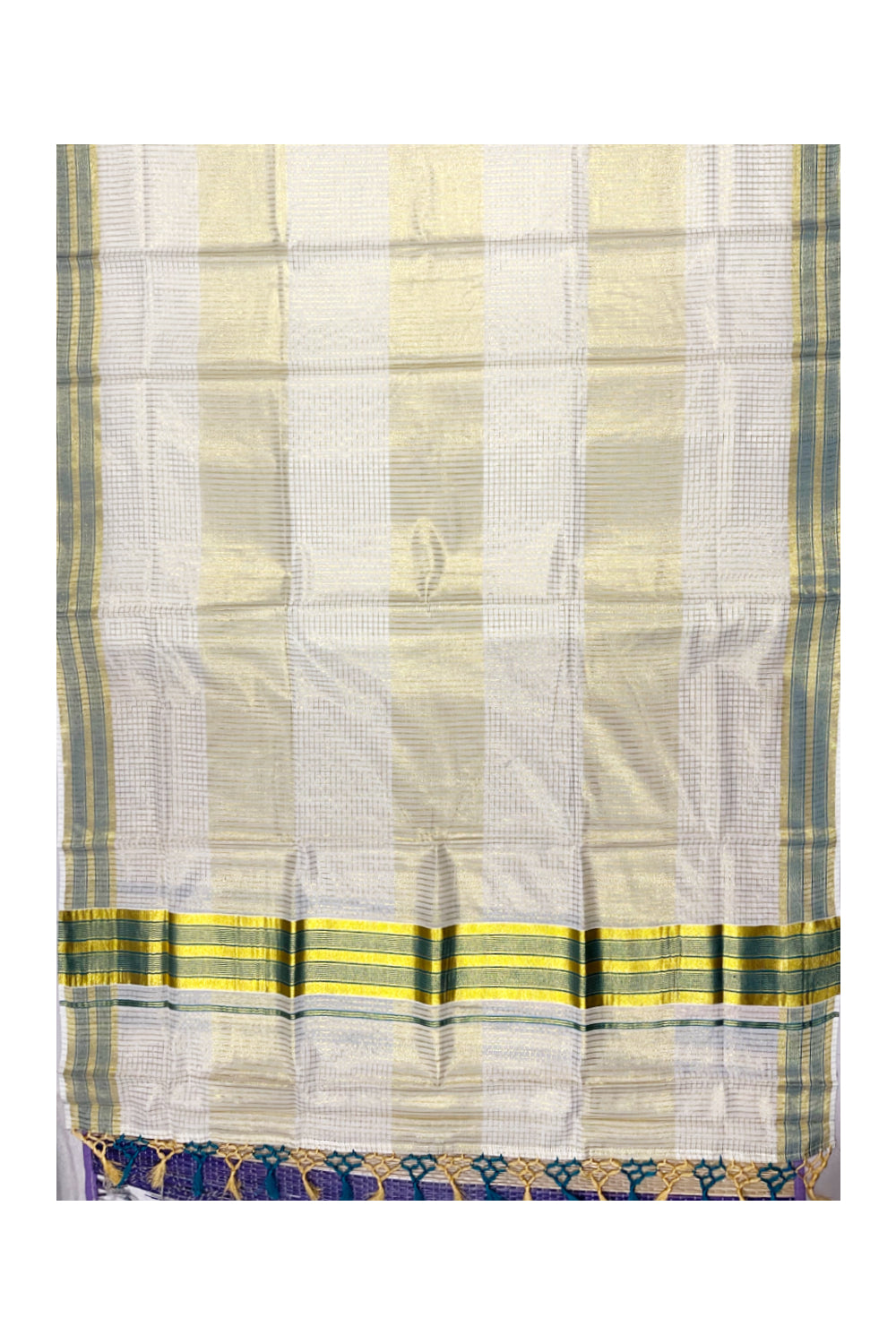 Pure Cotton Kerala Kasavu Check Saree with Peacock Green Border