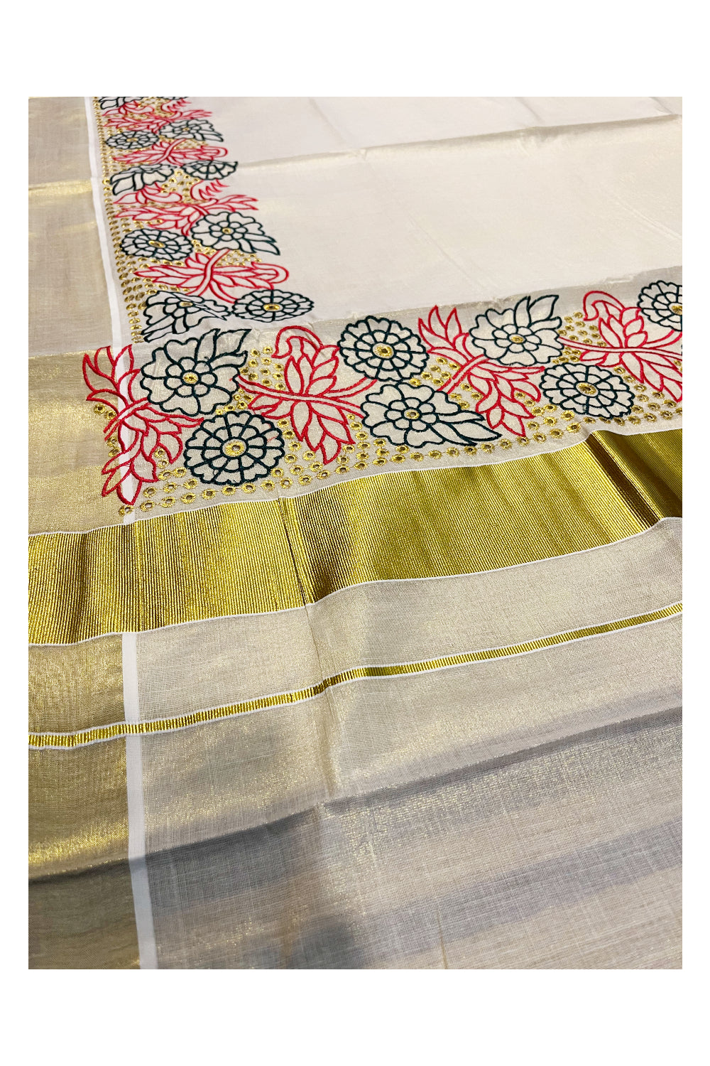 Kerala Tissue Kasavu Saree with Floral Embroidery Works