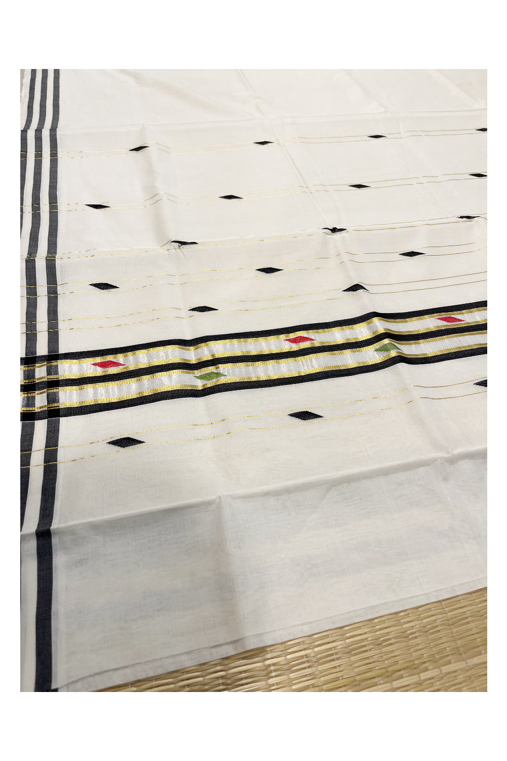 Southloom Premium Balaramapuram Unakkupaavu Handloom Cotton Butta Saree with Kasavu Lines and Black Border