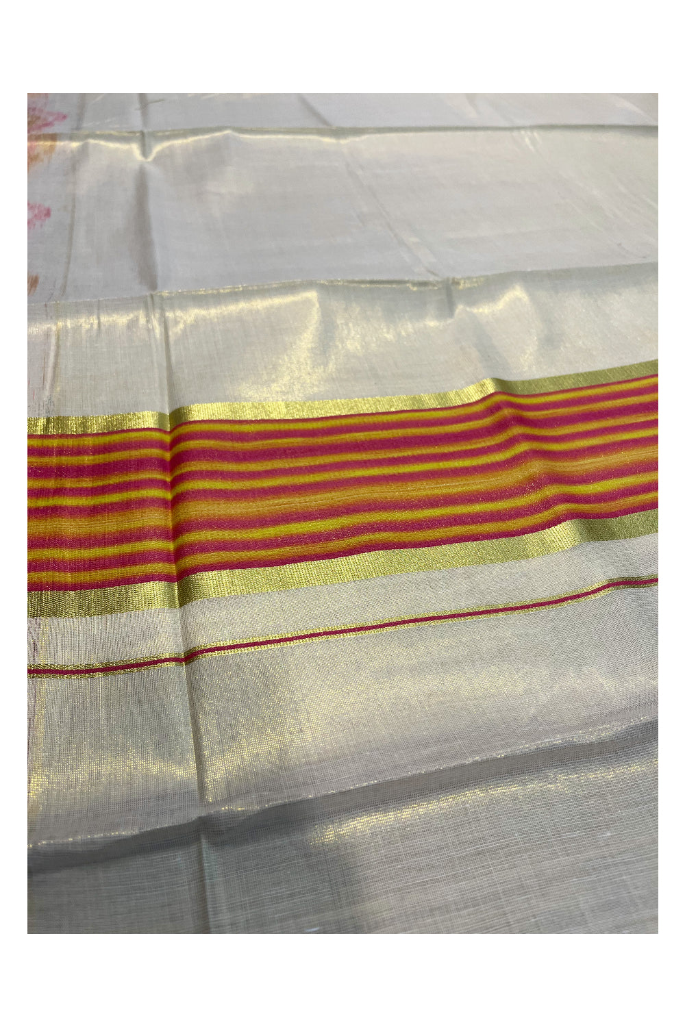 Southloom Kerala Tissue Kasavu Saree with Pink and Yellow Pochampally Design on Borders and Kara