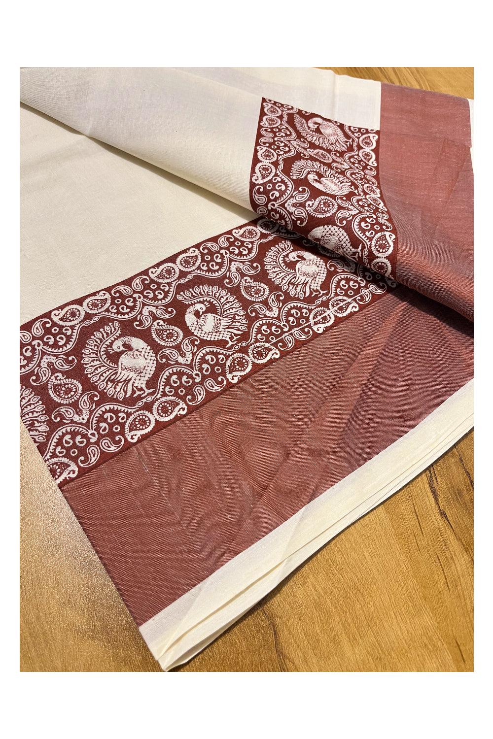 Kerala Cotton Single Set Mundu (Mundum Neriyathum) with Brown Block print Border 2.80Mtrs