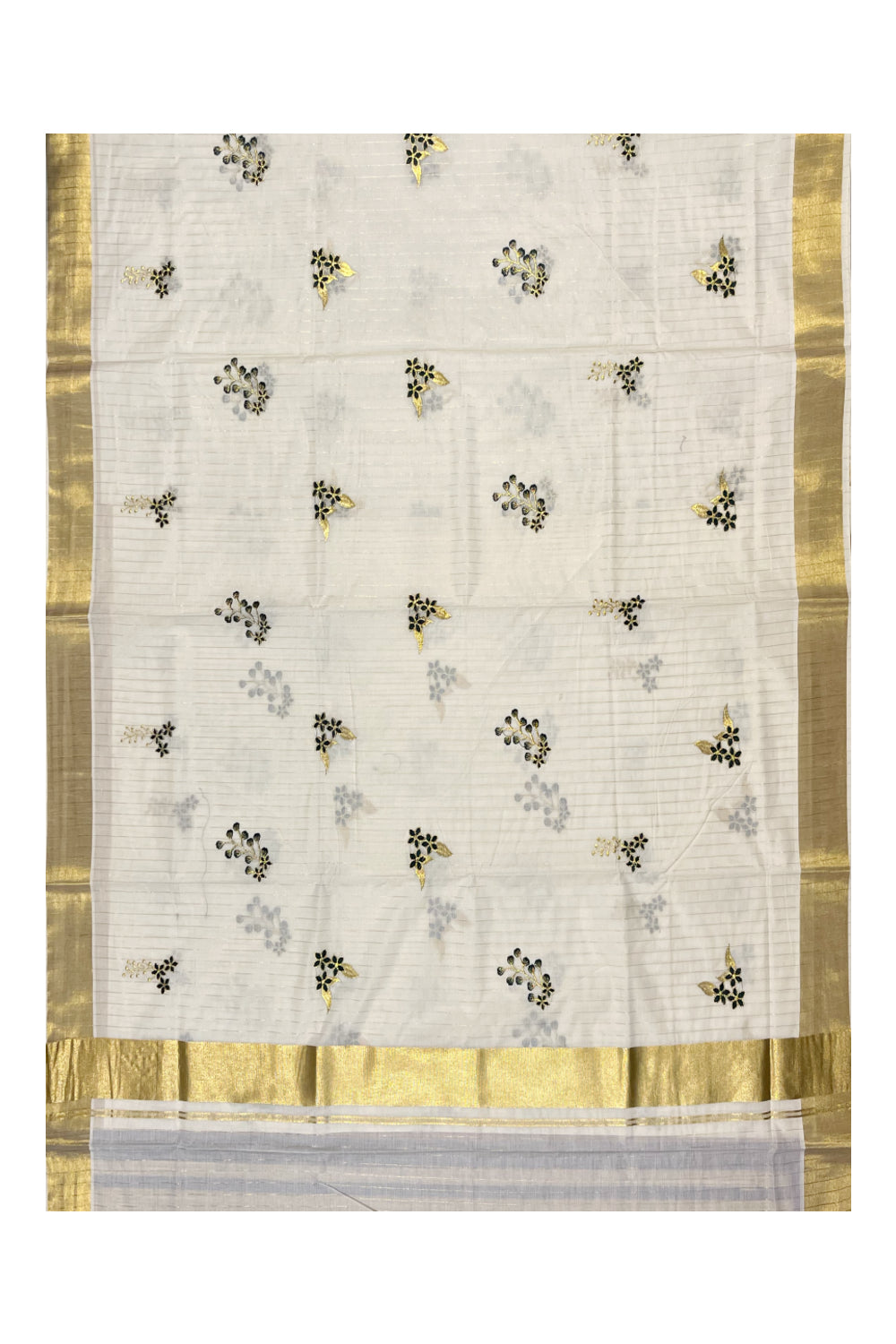 Kerala Cotton Kasavu Lines Saree with Kanikonna Floral Embroidery Works On Body