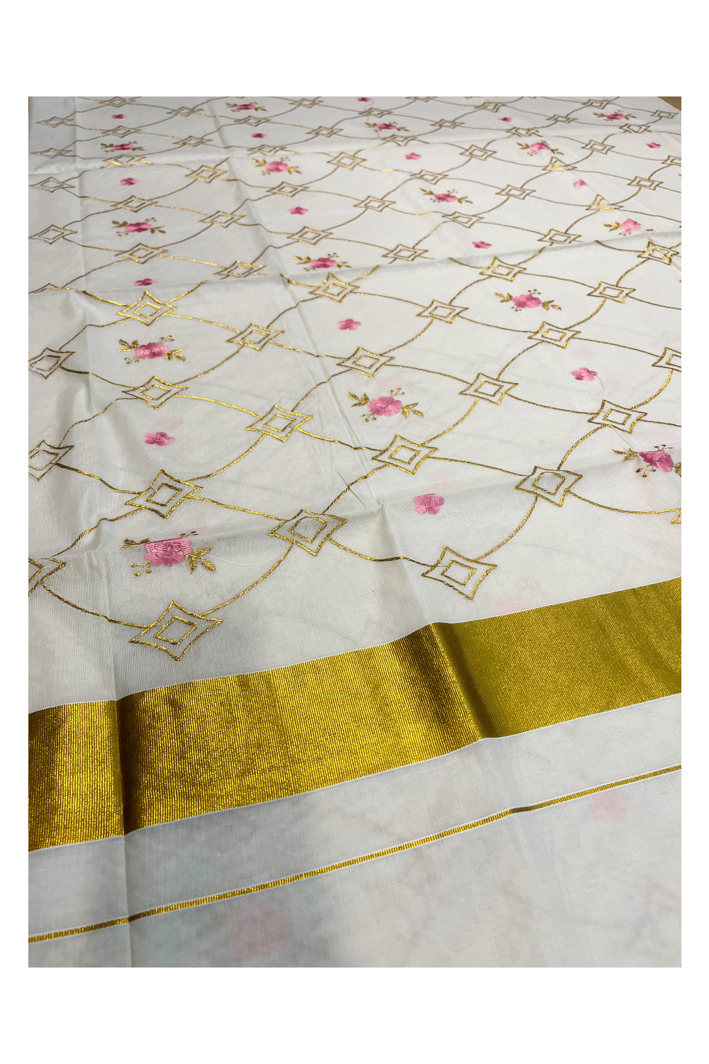 Southloom Kerala Cotton Kasavu Saree with Pink and Golden Floral Embroidery Designs