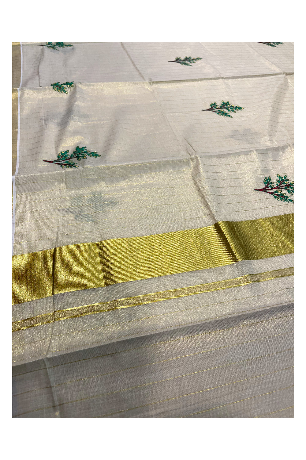 Kerala Tissue Kasavu Lines Saree with Green and Brown Floral Embroidery Works