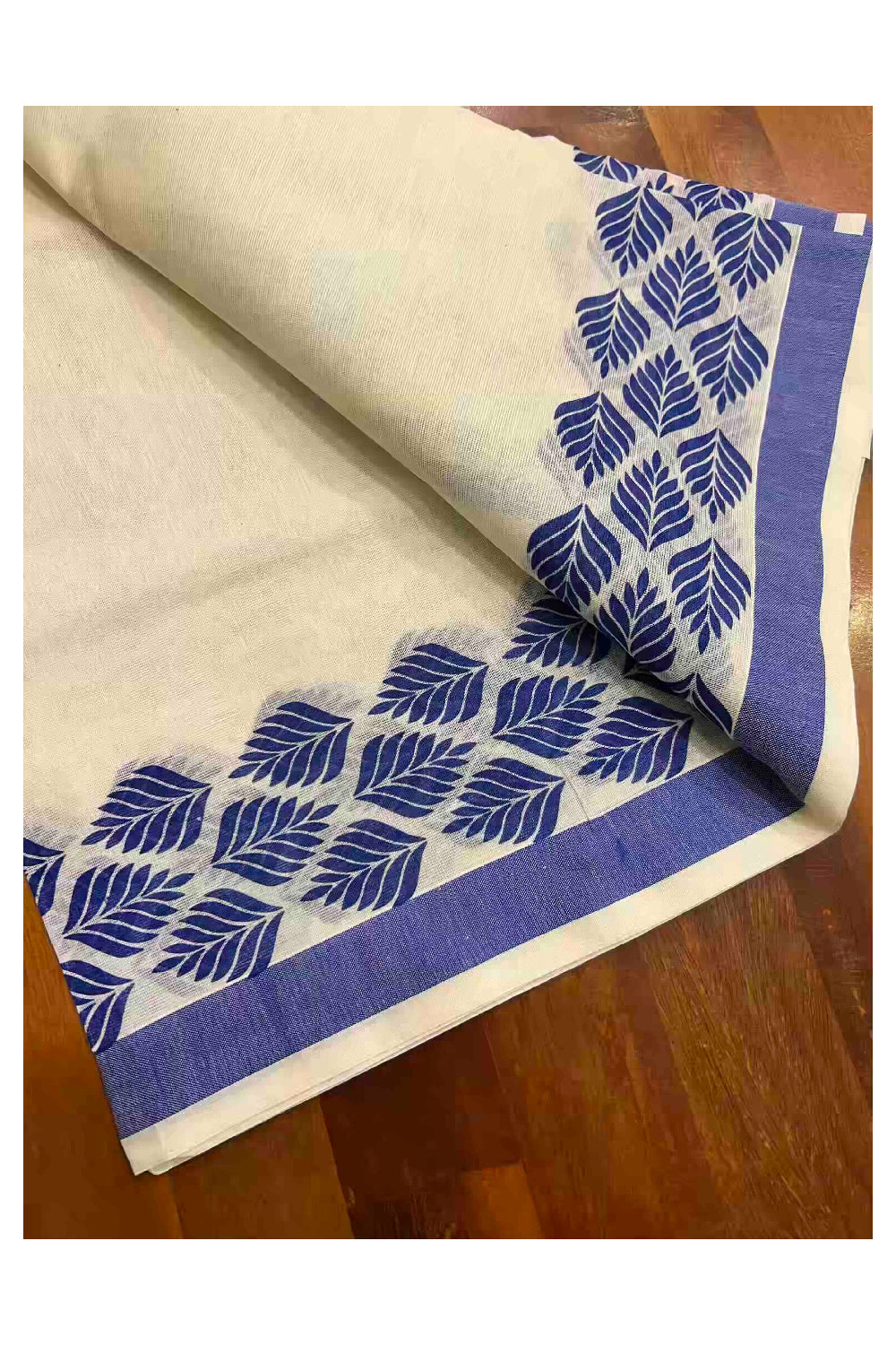 Kerala Cotton Single Set Mundu (Mundum Neriyathum) with Leaf Block Prints on Dark Blue and Black Border