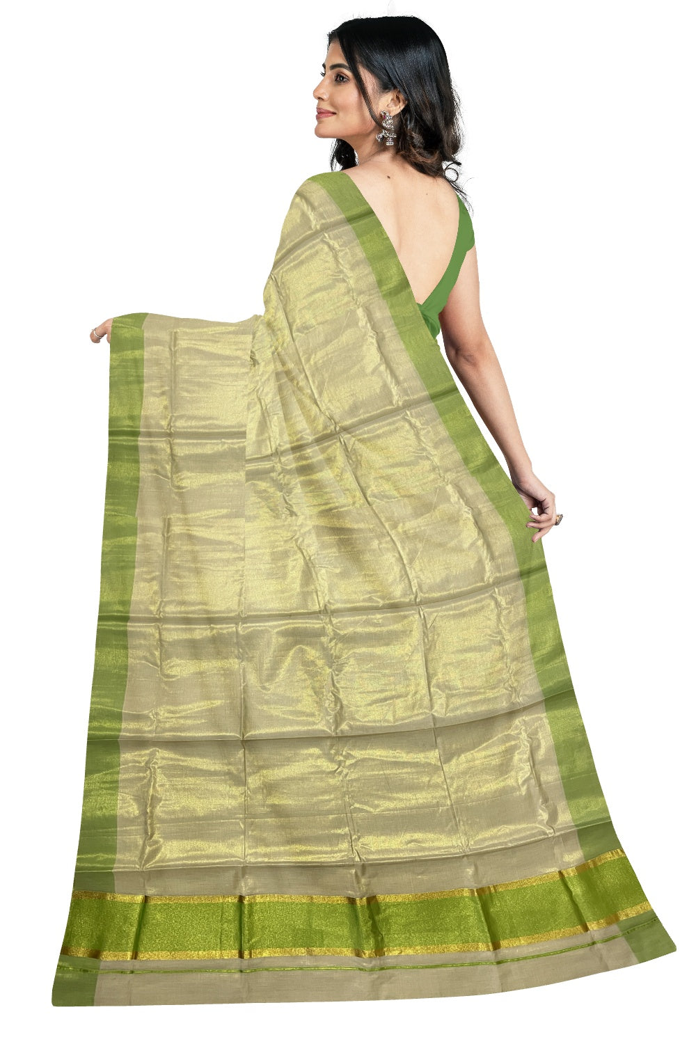 Kerala Tissue Kasavu Plain Saree with Green and Kasavu Border