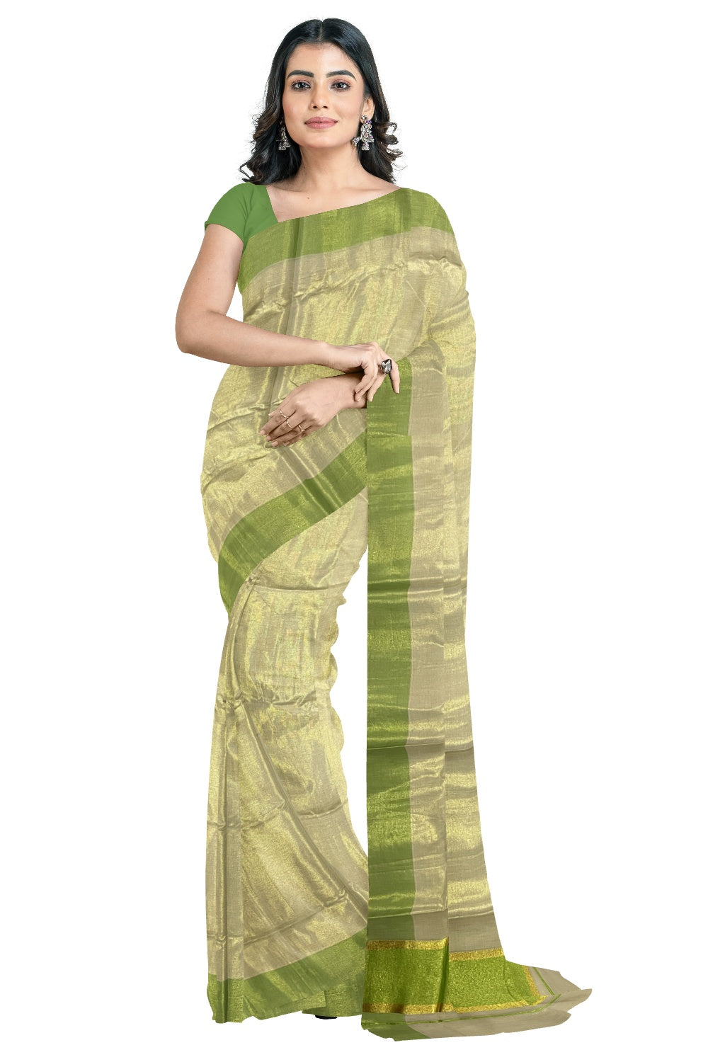 Kerala Tissue Kasavu Plain Saree with Green and Kasavu Border